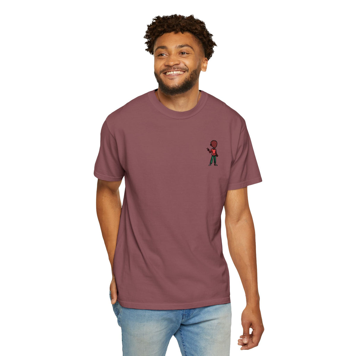 T-Shirt — Tiny Red-Haired Skateboarder Chest Graphic, Minimal Streetwear Tee