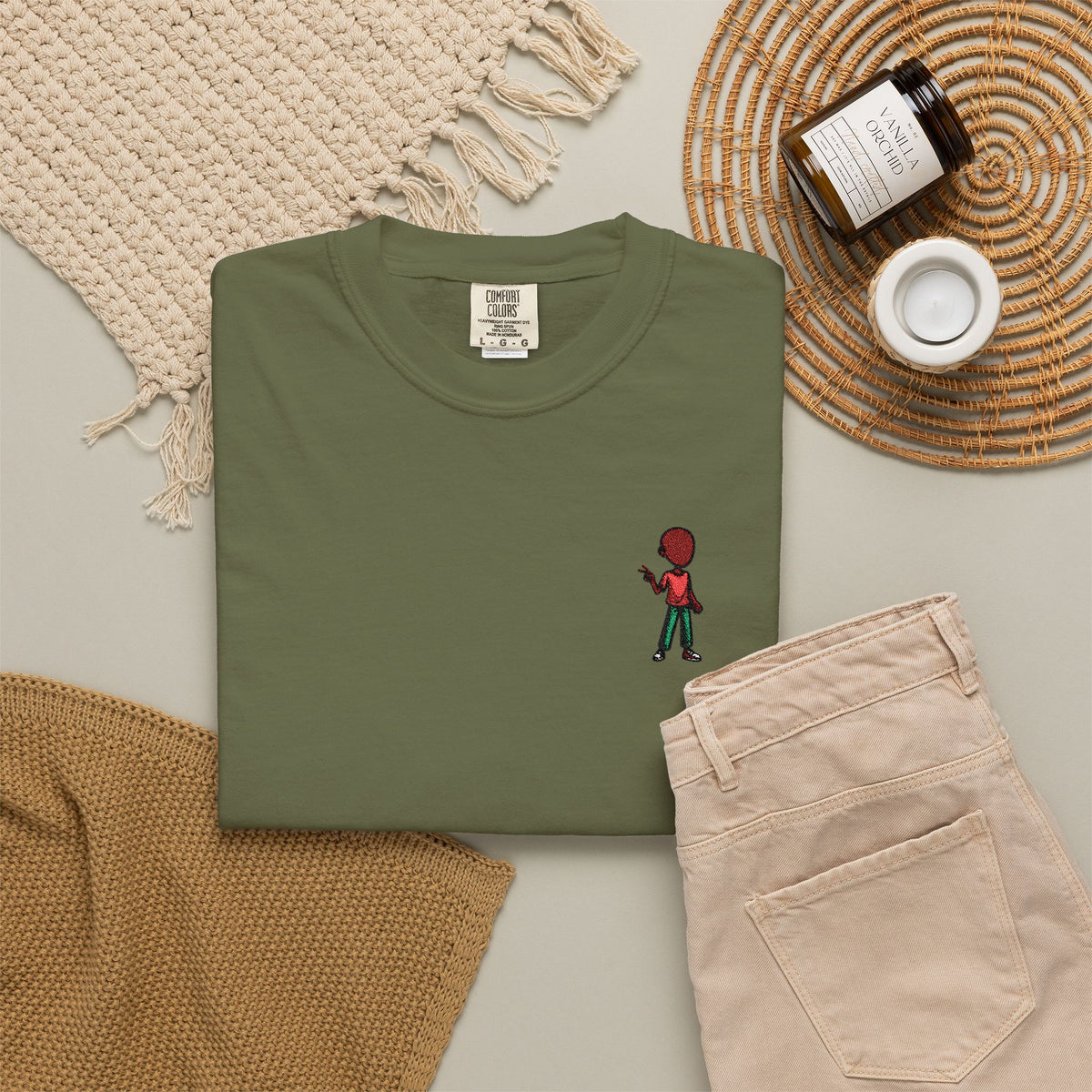 T-Shirt — Tiny Red-Haired Skateboarder Chest Graphic, Minimal Streetwear Tee