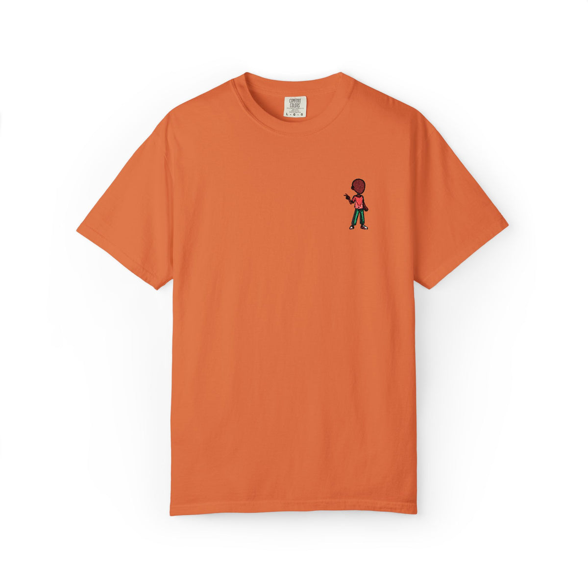 T-Shirt — Tiny Red-Haired Skateboarder Chest Graphic, Minimal Streetwear Tee