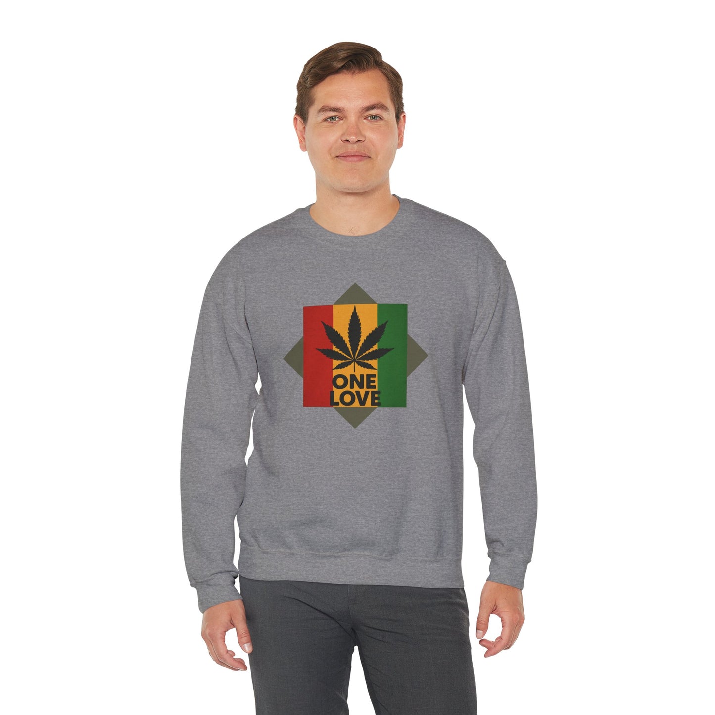 One Love Cannabis Crewneck Sweatshirt | Unisex Pullover | Cozy Streetwear, Gift for Stoners, Rasta Style Sweatshirt, Chill Vibes Apparel
