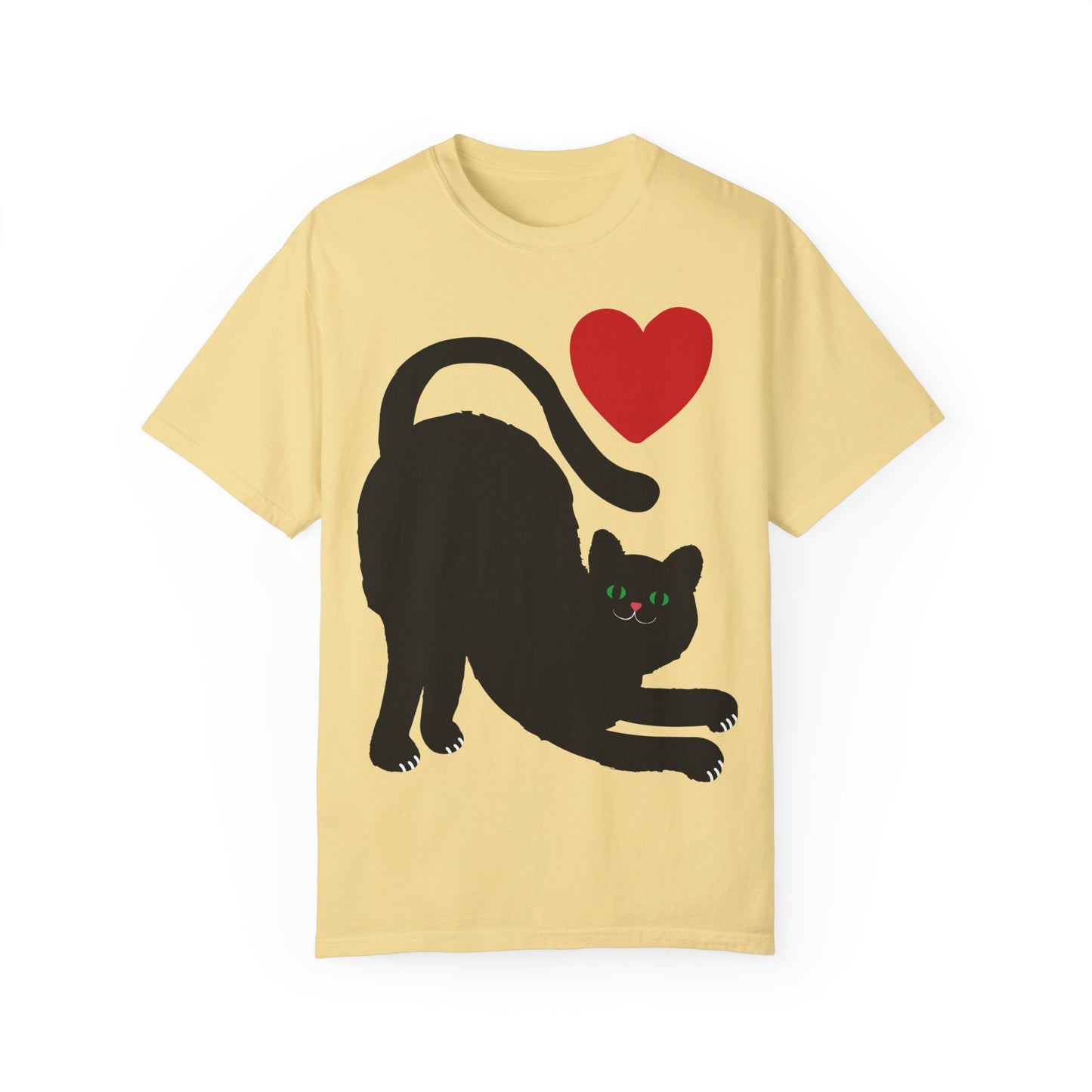 Cute Cat Lover's Unisex Garment-Dyed T-Shirt - Playful Black Cat with Heart Design