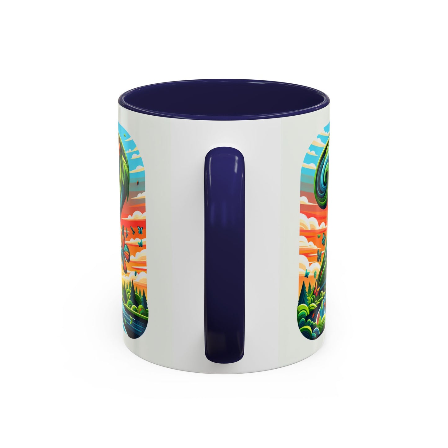 Nature-Inspired Accent Coffee Mug - Vibrant Green Design with Butterflies and Scenic View