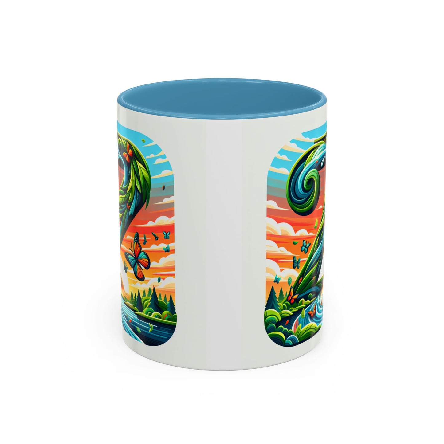 Nature-Inspired Accent Coffee Mug - Vibrant Green Design with Butterflies and Scenic View