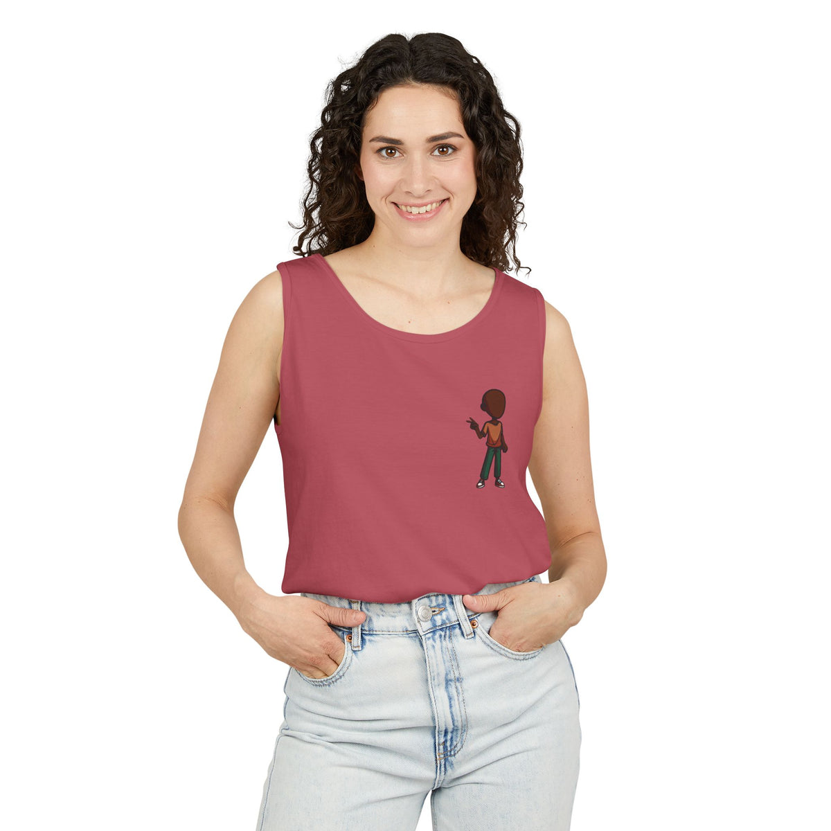 Minimalist Coffee Lover Tank — Small Cartoon Person Holding Mug Graphic Tank Top
