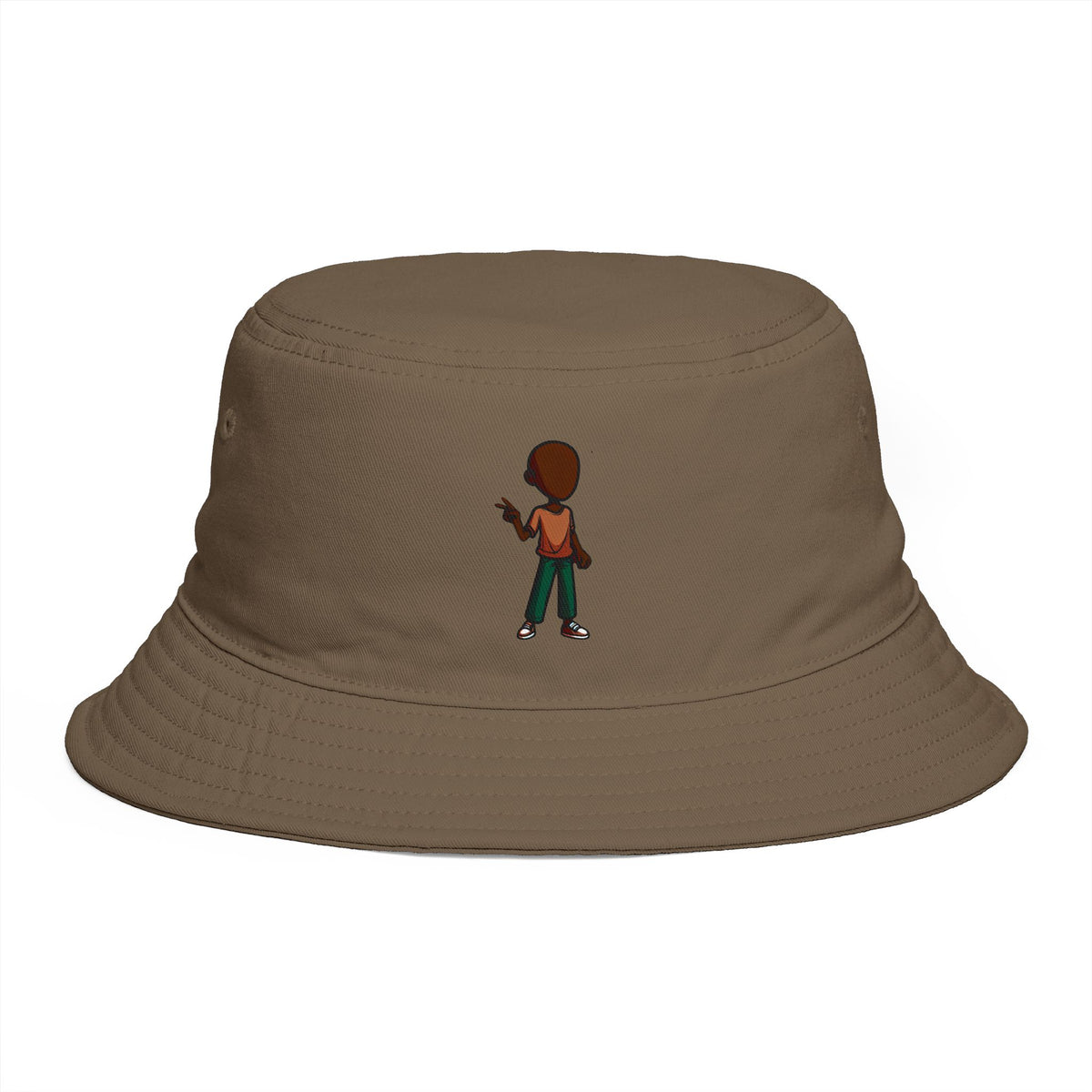 Brown Streetwear Bucket Hat with Small Kid Cartoon Graphic