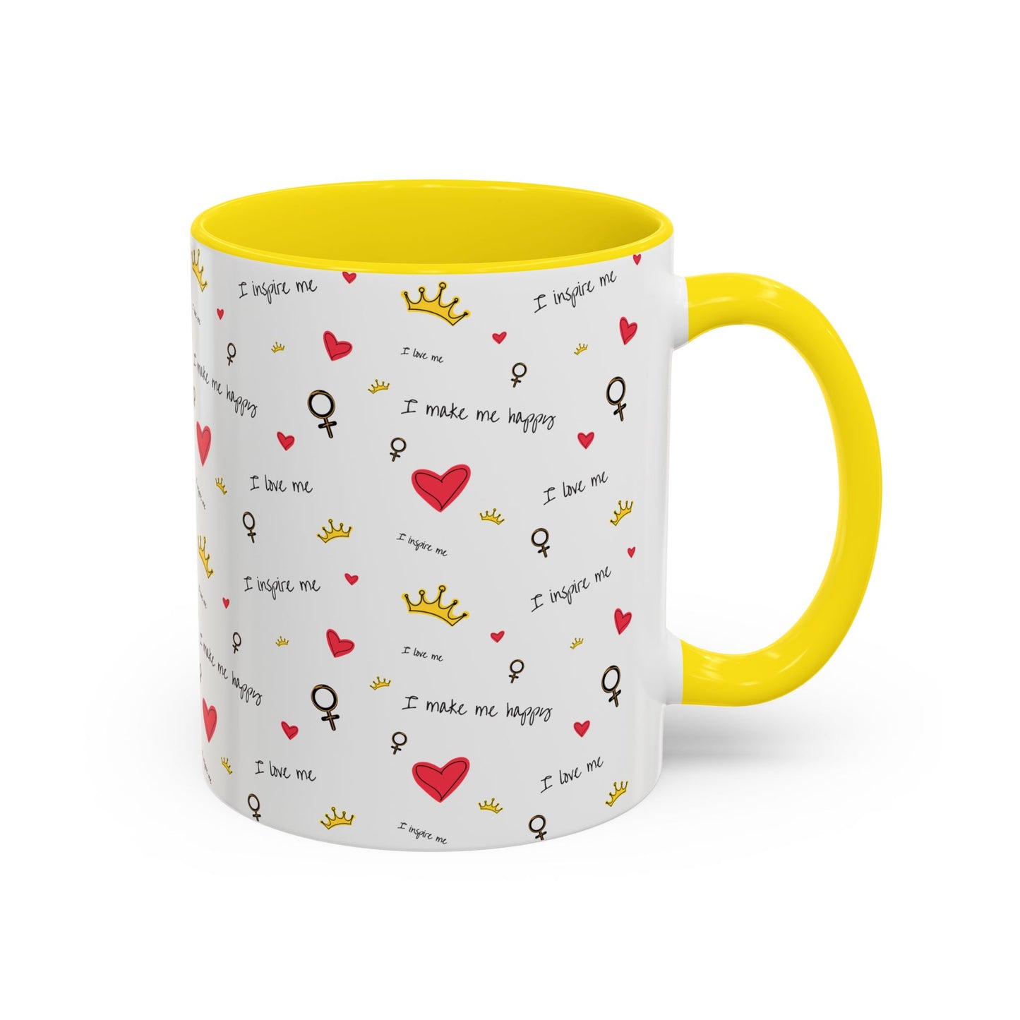 Inspirational Accent Coffee Mug - "I Love Me", Red Hearts and Crowns, Perfect Gift for Self-Care