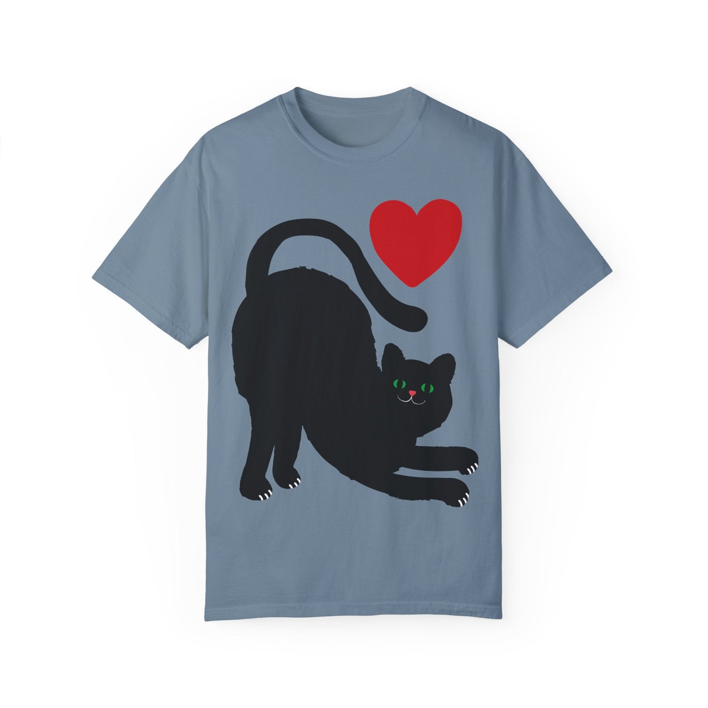 Cute Cat Lover's Unisex Garment-Dyed T-Shirt - Playful Black Cat with Heart Design