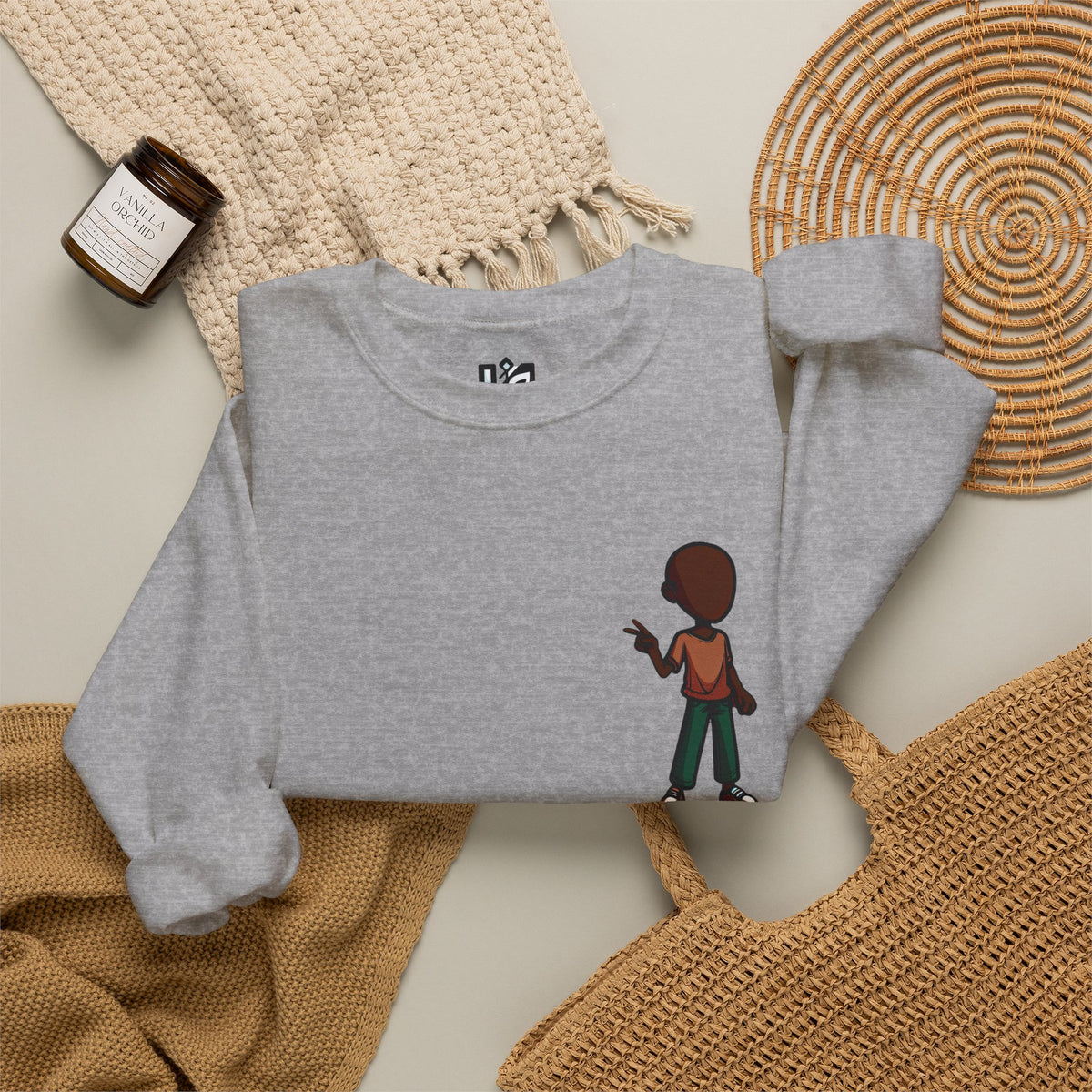 Crewneck Sweatshirt — Minimal Walking Kid Cartoon Chest Print