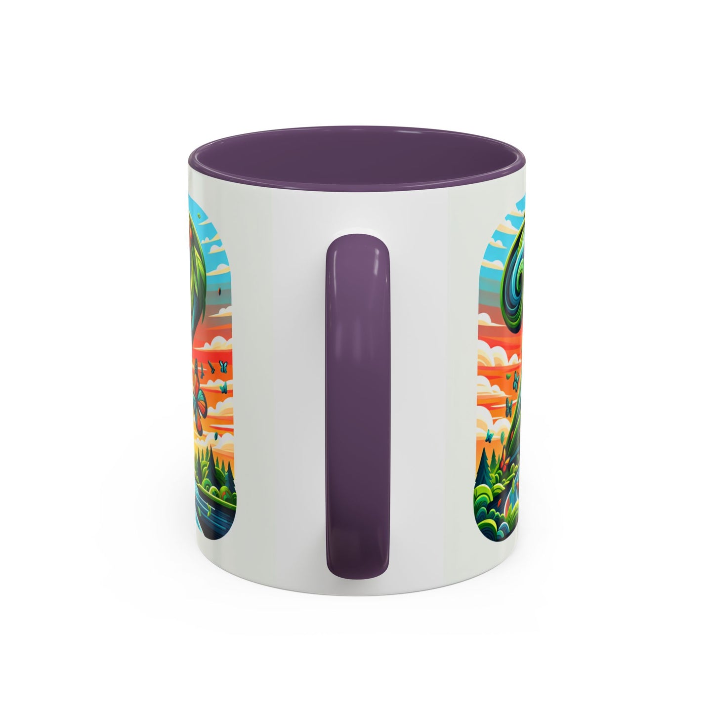 Nature-Inspired Accent Coffee Mug - Vibrant Green Design with Butterflies and Scenic View