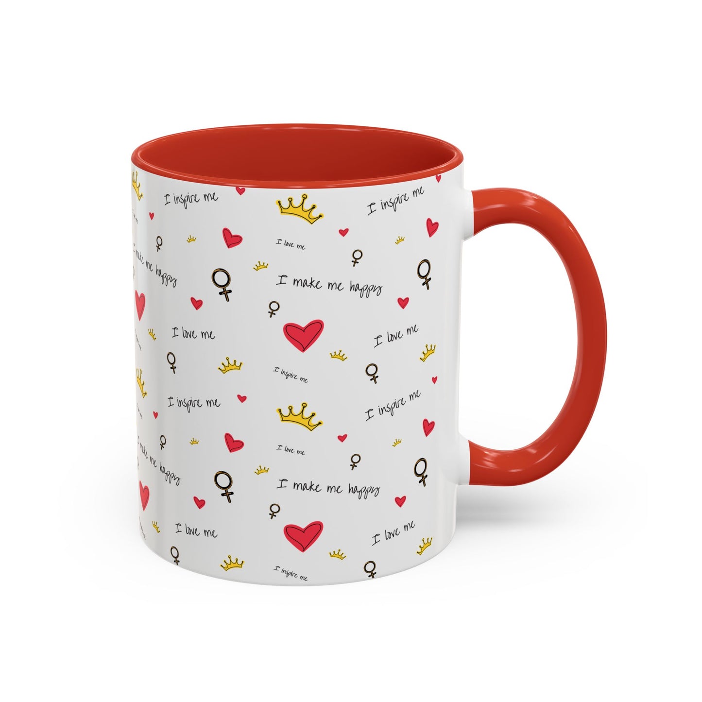 Inspirational Accent Coffee Mug - "I Love Me", Red Hearts and Crowns, Perfect Gift for Self-Care