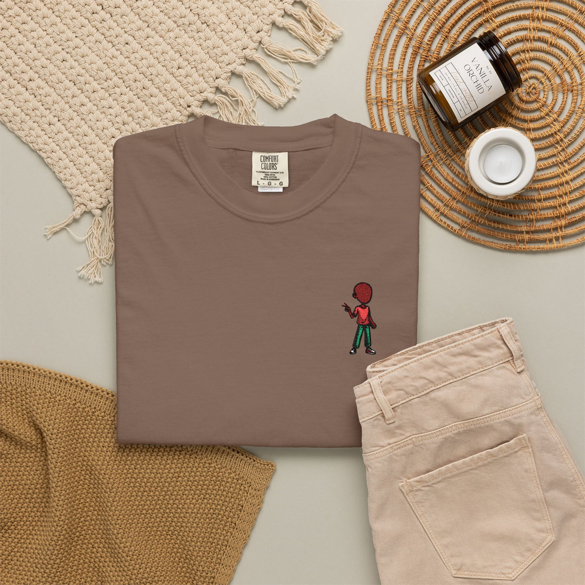 T-Shirt — Tiny Red-Haired Skateboarder Chest Graphic, Minimal Streetwear Tee
