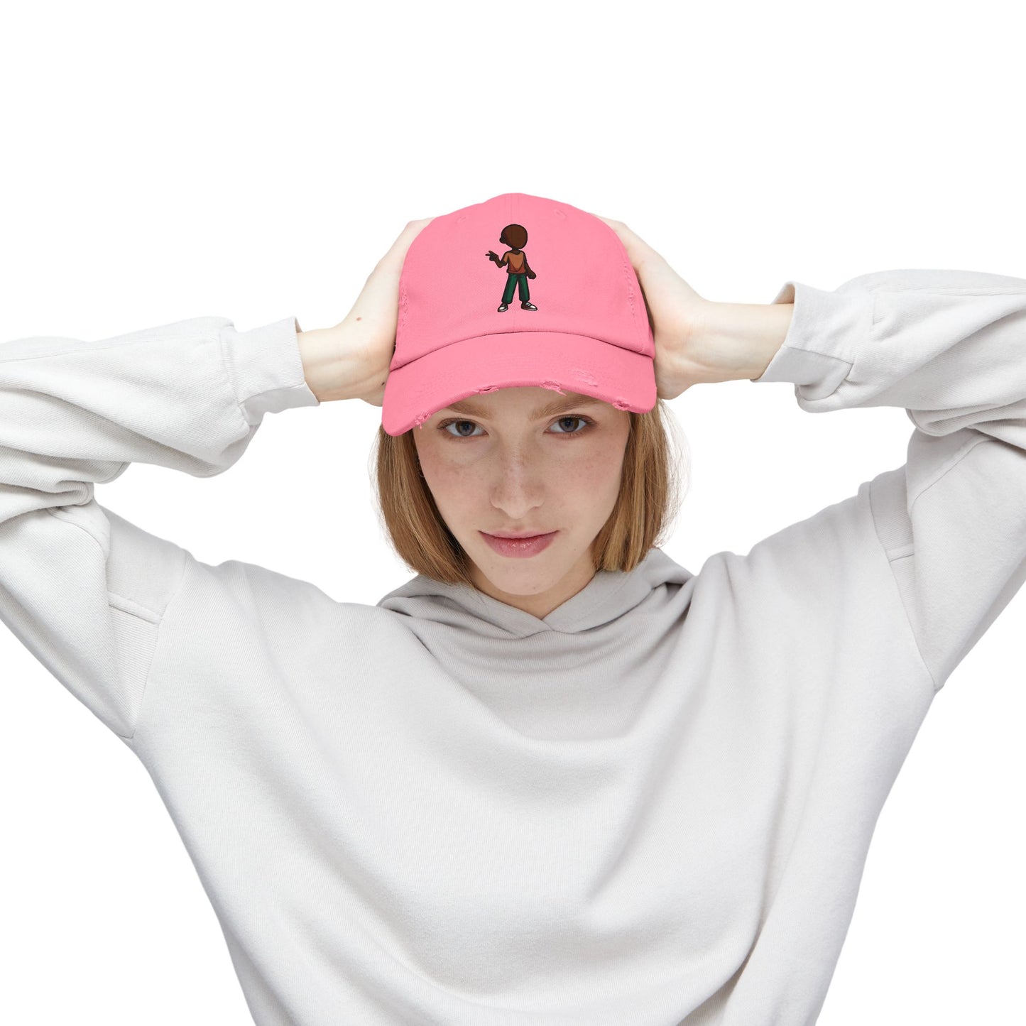 Distressed Black Dad Hat with Retro Boy Graphic — Casual Streetwear Cap