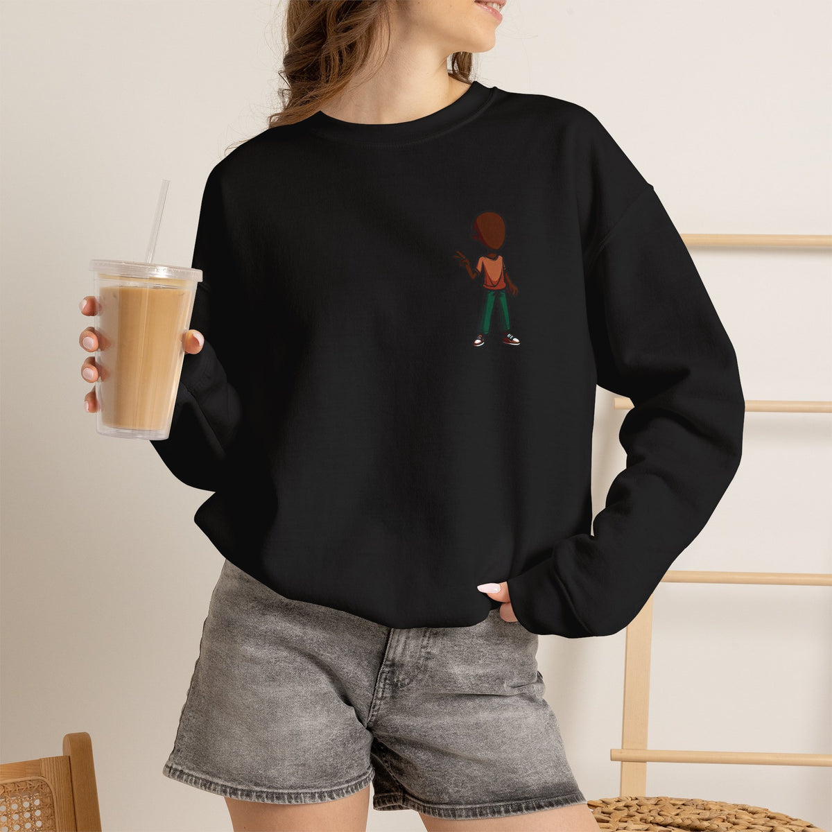 Crewneck Sweatshirt with Cartoon Guitarist & 'Rock On' Sleeve Graphic