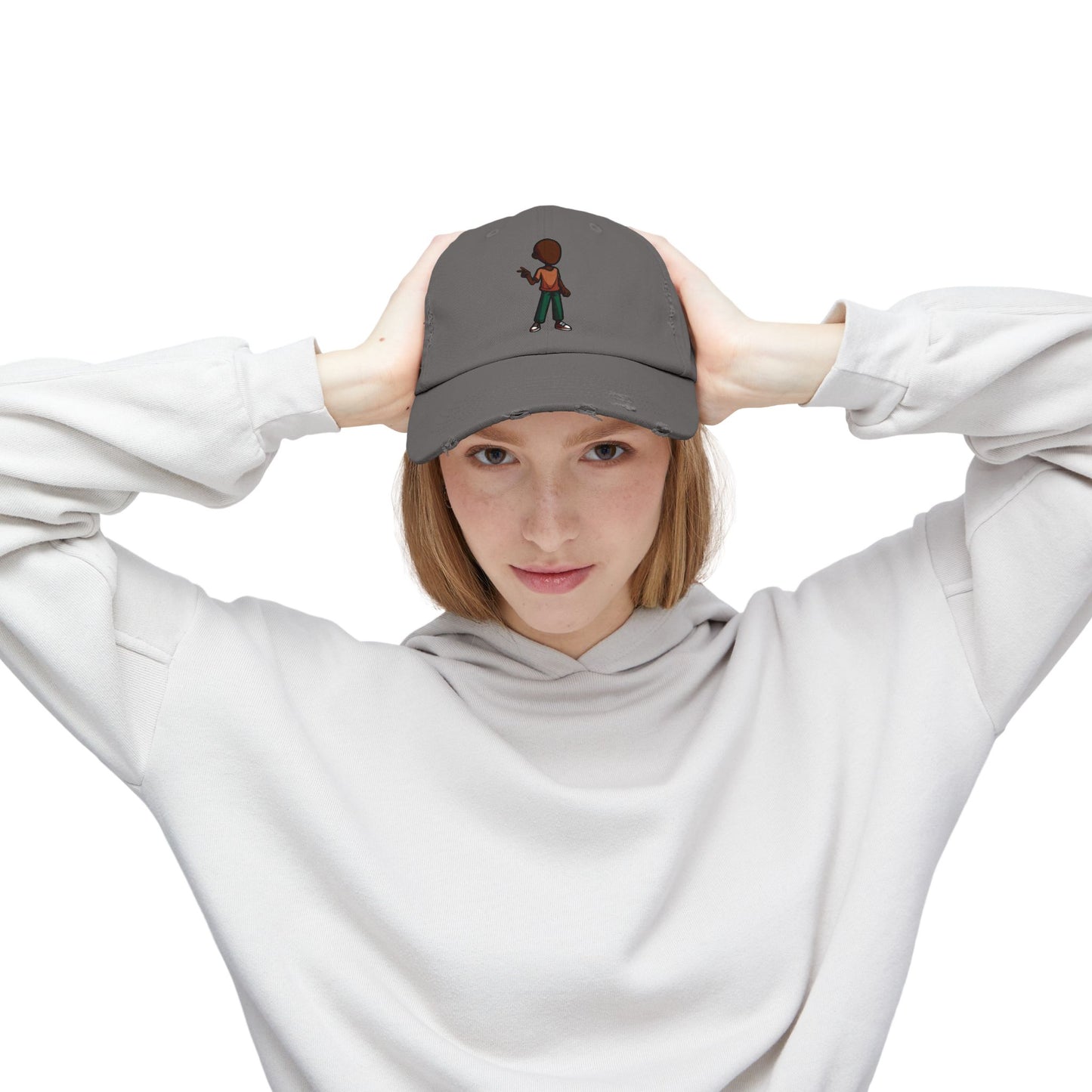 Distressed Black Dad Hat with Retro Boy Graphic — Casual Streetwear Cap