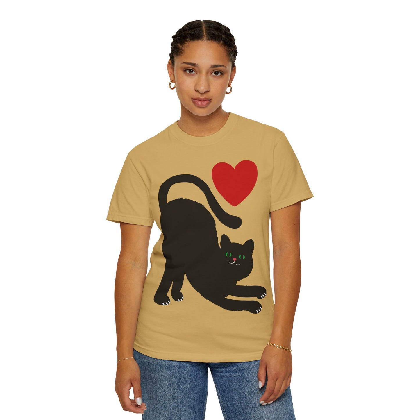 Cute Cat Lover's Unisex Garment-Dyed T-Shirt - Playful Black Cat with Heart Design