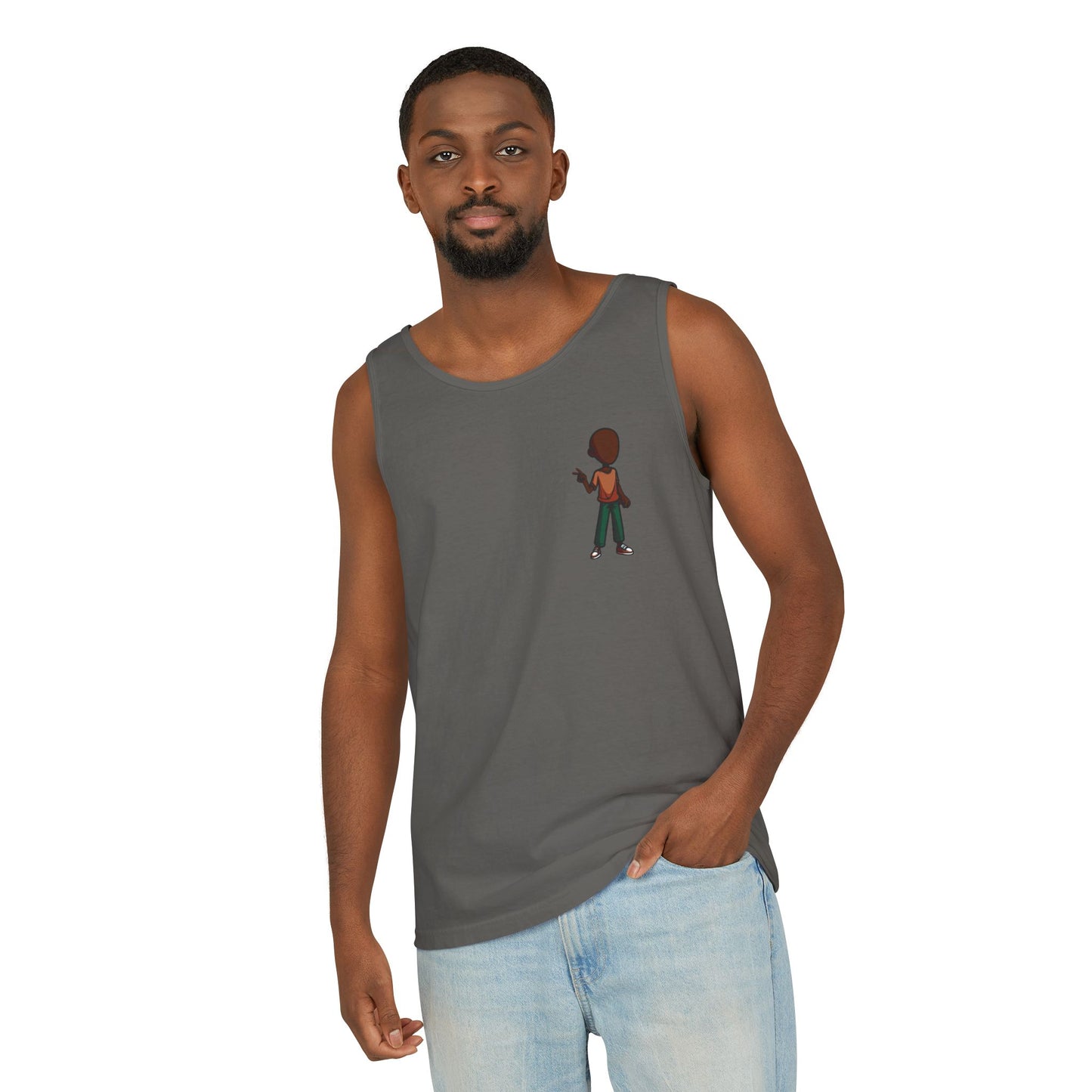 Minimalist Coffee Lover Tank — Small Cartoon Person Holding Mug Graphic Tank Top