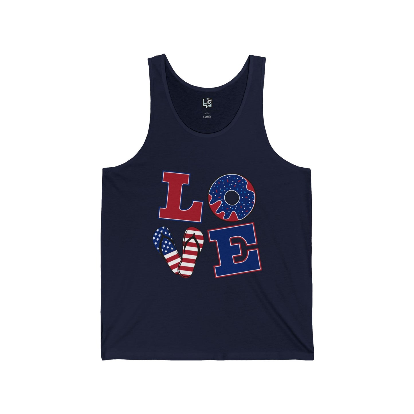 Unisex Jersey Tank - ‘LOVE’ Patriotic Design, Casual Summer Wear, 4th of July, Gifts for Him or Her, Fitness Gear, Festival Attire