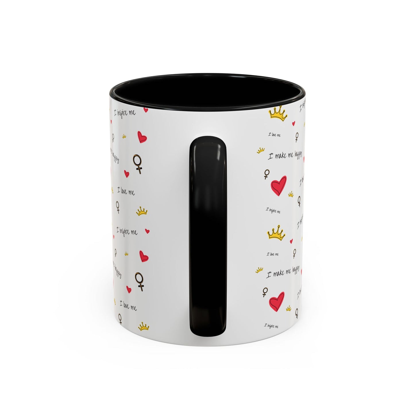 Inspirational Accent Coffee Mug - "I Love Me", Red Hearts and Crowns, Perfect Gift for Self-Care