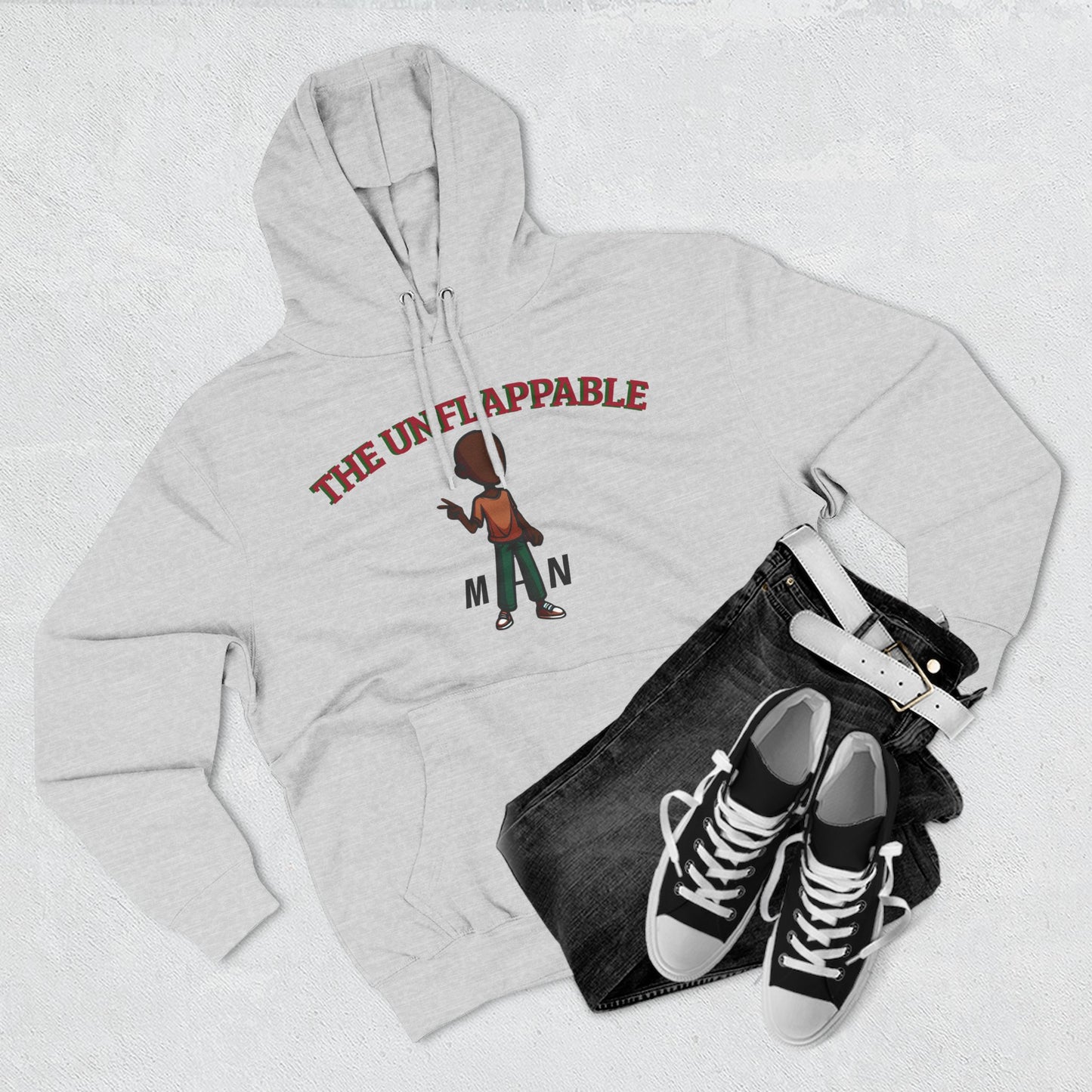 Unflappable Man Hoodie — Graphic Fleece Pullover with Cartoon Character