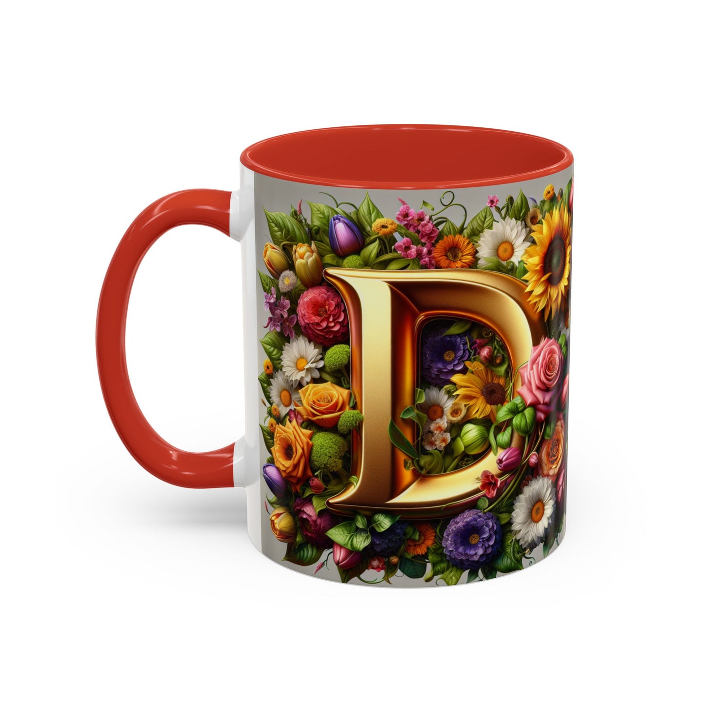 Floral Letter D Accent Coffee Mug - Colorful Personalized Drinkware for Nature Lovers