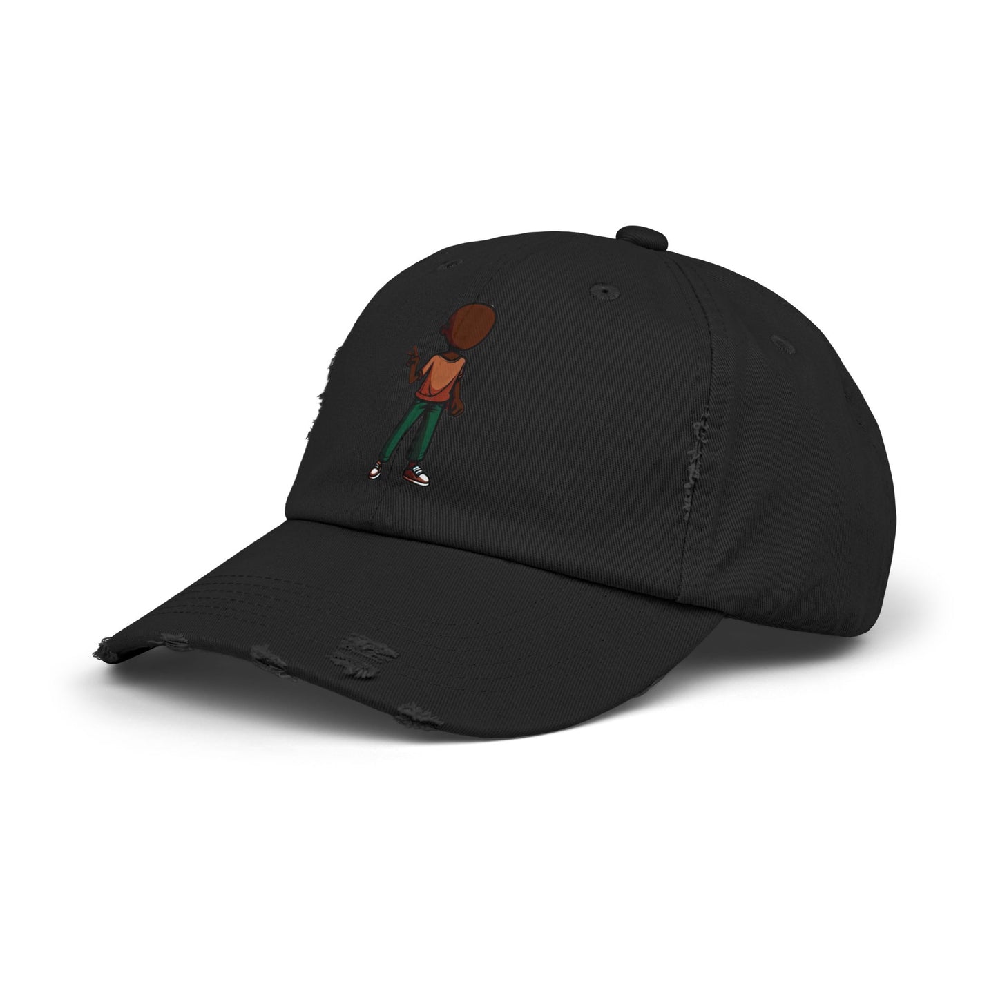 Distressed Black Dad Hat with Retro Boy Graphic — Casual Streetwear Cap