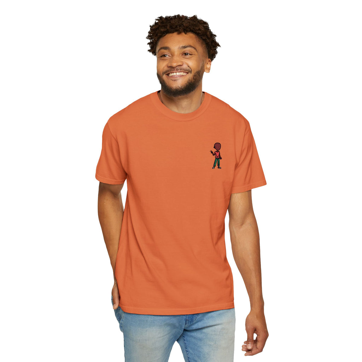 T-Shirt — Tiny Red-Haired Skateboarder Chest Graphic, Minimal Streetwear Tee
