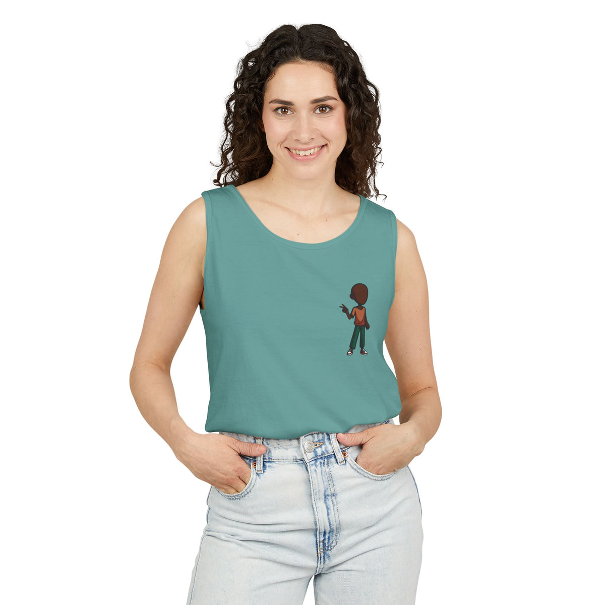 Minimalist Coffee Lover Tank — Small Cartoon Person Holding Mug Graphic Tank Top