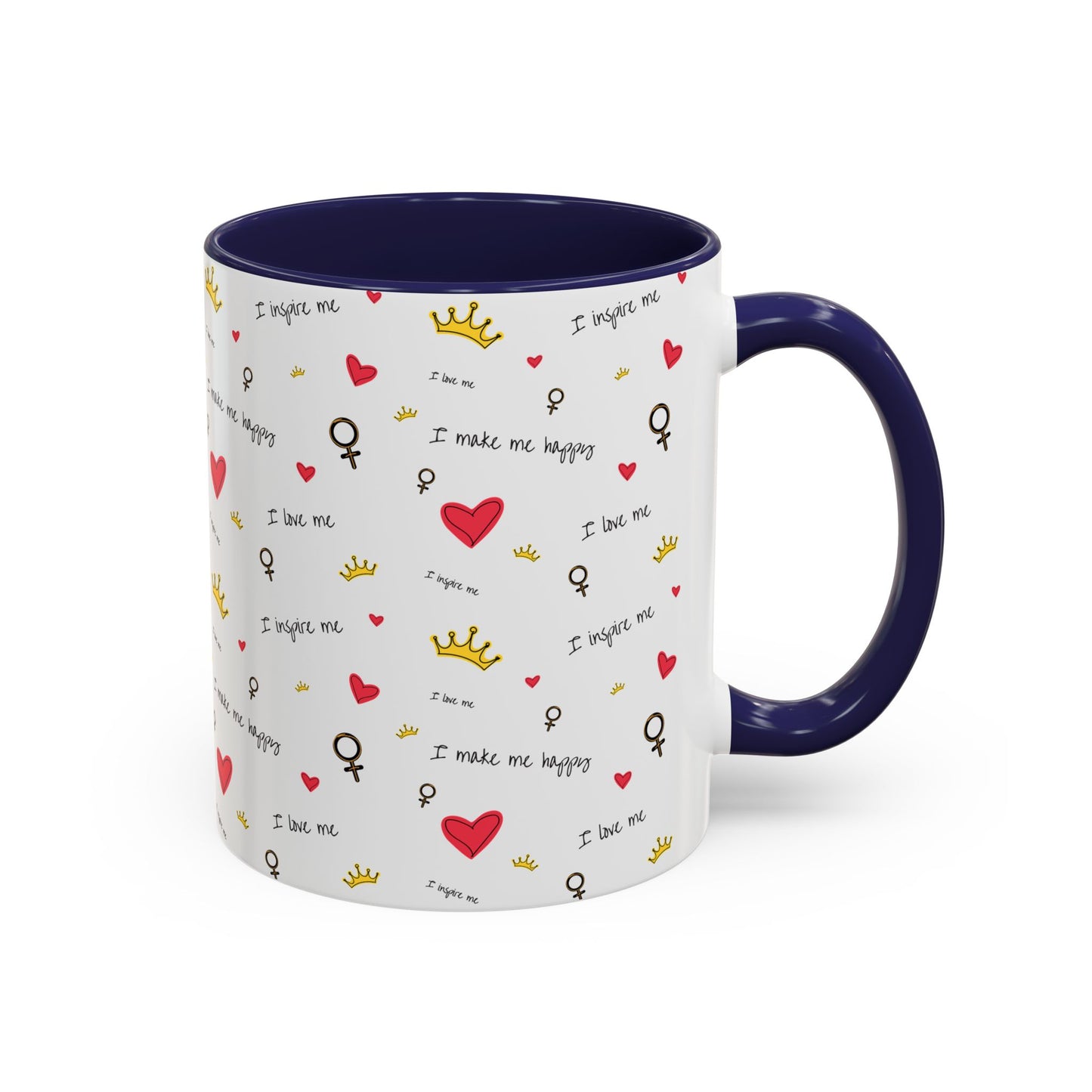 Inspirational Accent Coffee Mug - "I Love Me", Red Hearts and Crowns, Perfect Gift for Self-Care