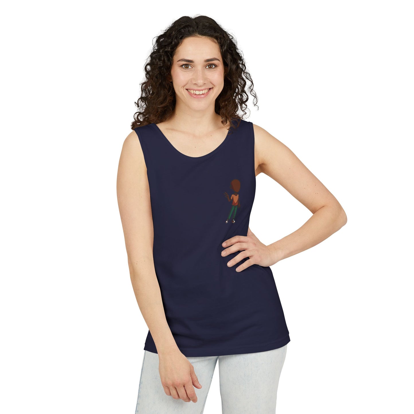 Minimalist Coffee Lover Tank — Small Cartoon Person Holding Mug Graphic Tank Top