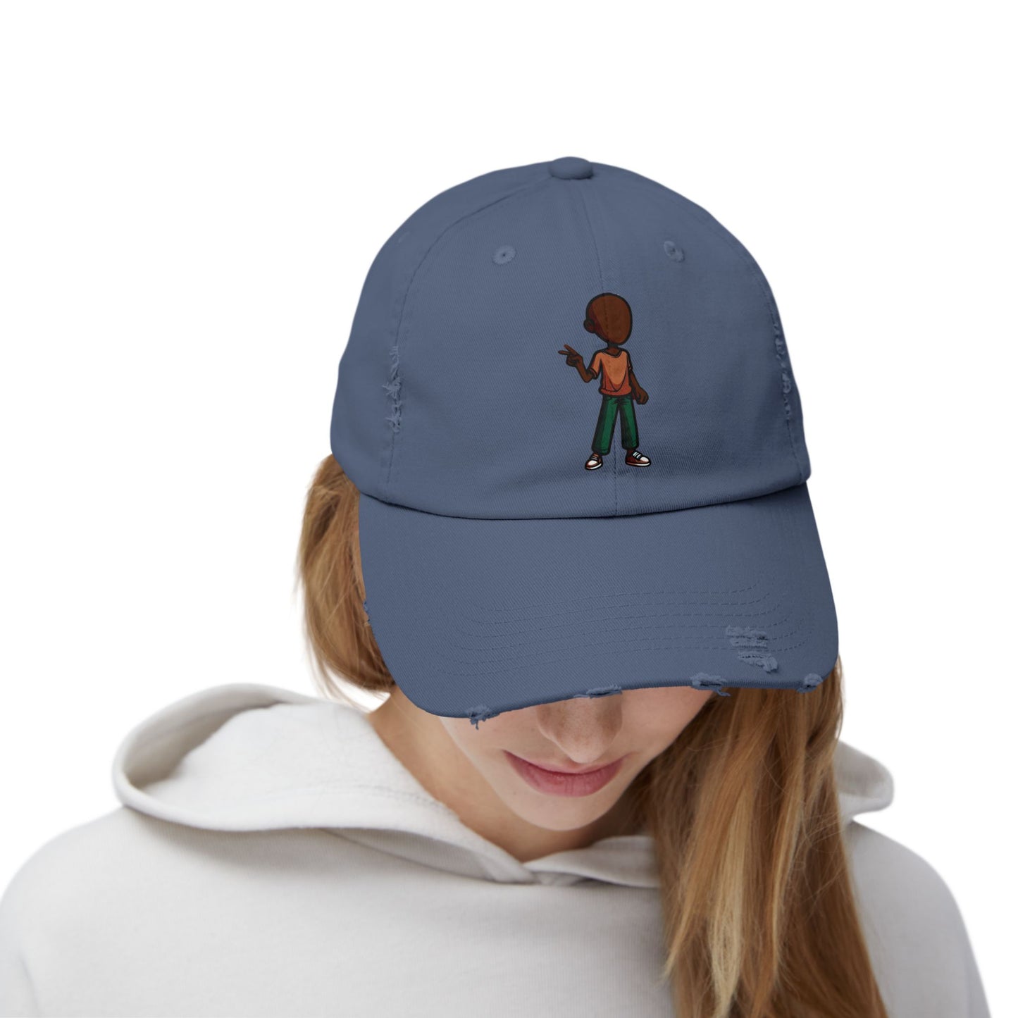 Distressed Black Dad Hat with Retro Boy Graphic — Casual Streetwear Cap