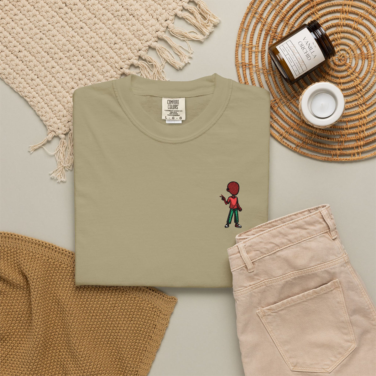 T-Shirt — Tiny Red-Haired Skateboarder Chest Graphic, Minimal Streetwear Tee