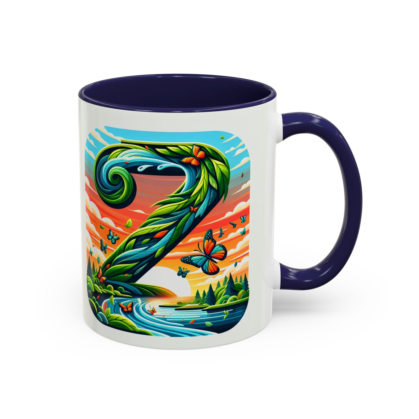 Nature-Inspired Accent Coffee Mug - Vibrant Green Design with Butterflies and Scenic View