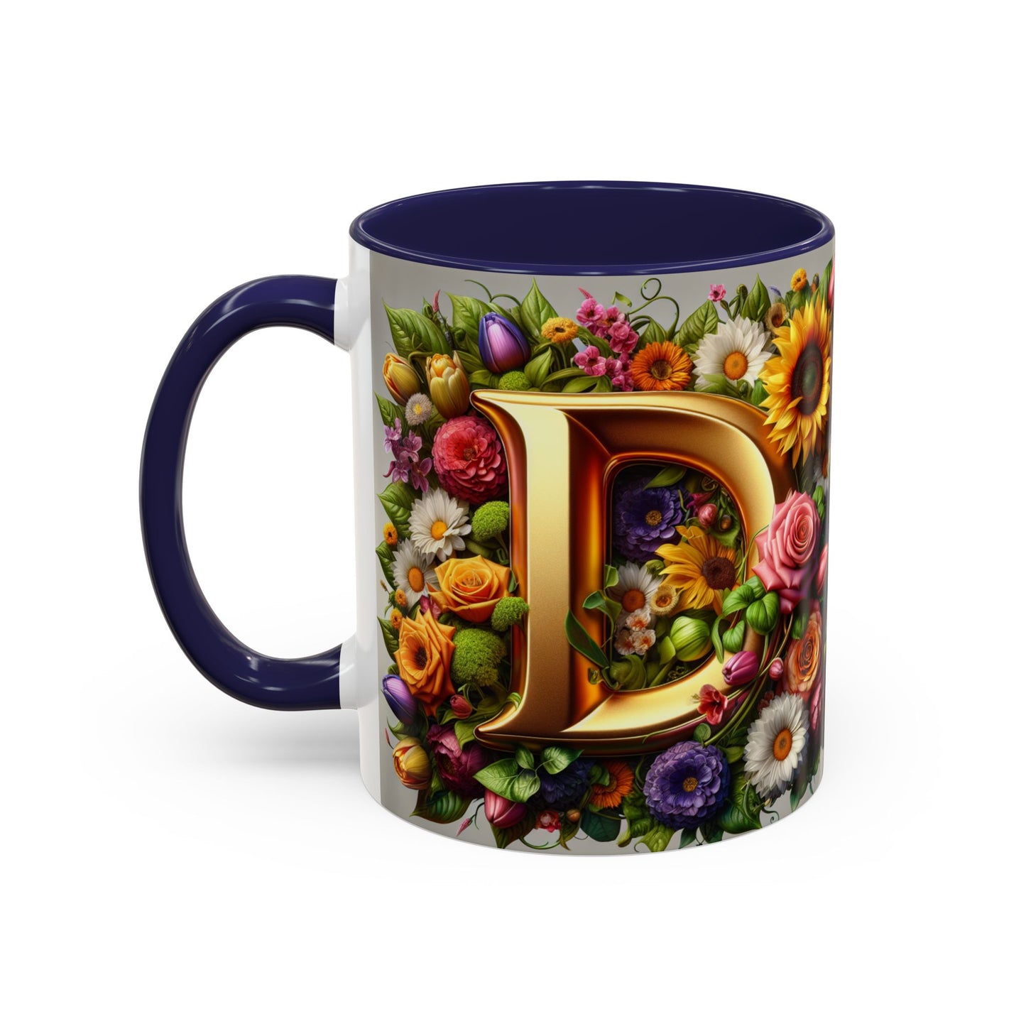 Floral Letter D Accent Coffee Mug - Colorful Personalized Drinkware for Nature Lovers