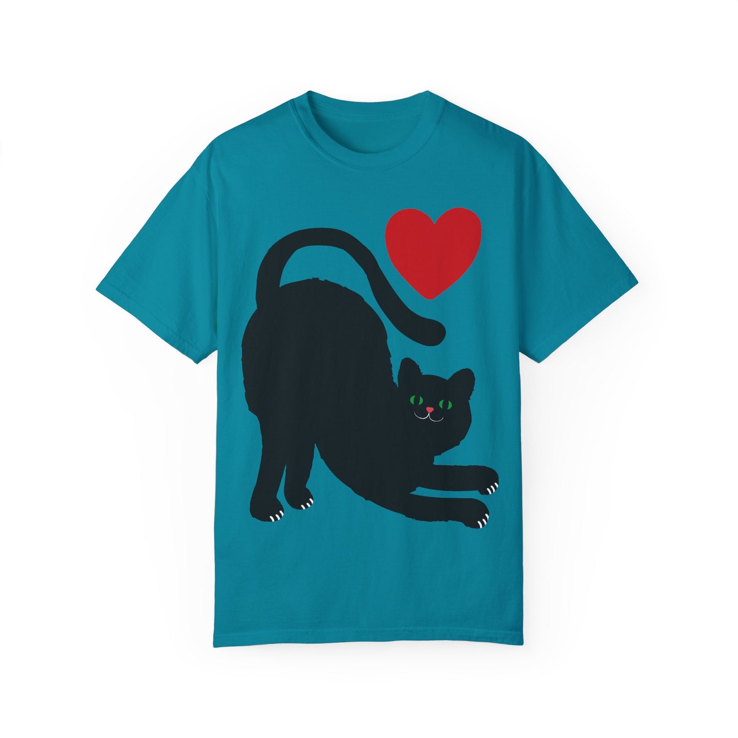 Cute Cat Lover's Unisex Garment-Dyed T-Shirt - Playful Black Cat with Heart Design