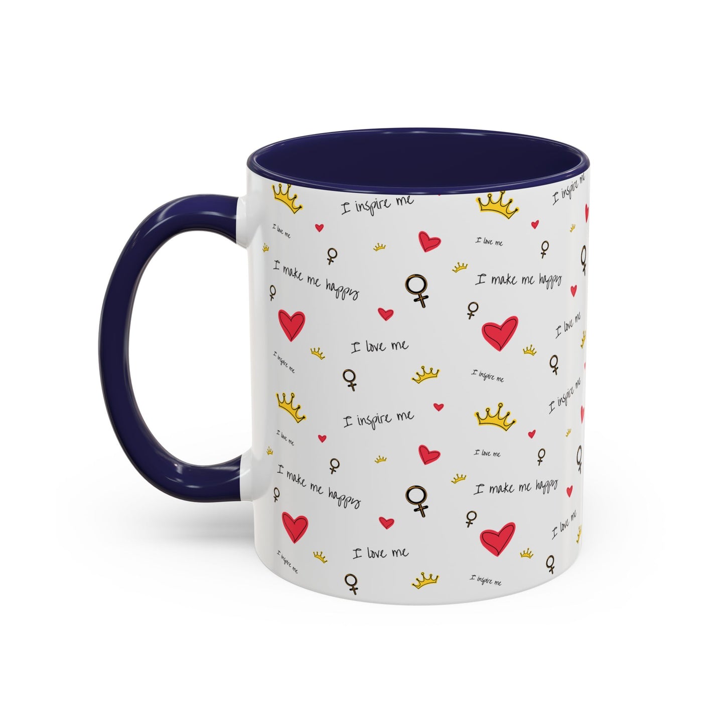 Inspirational Accent Coffee Mug - "I Love Me", Red Hearts and Crowns, Perfect Gift for Self-Care