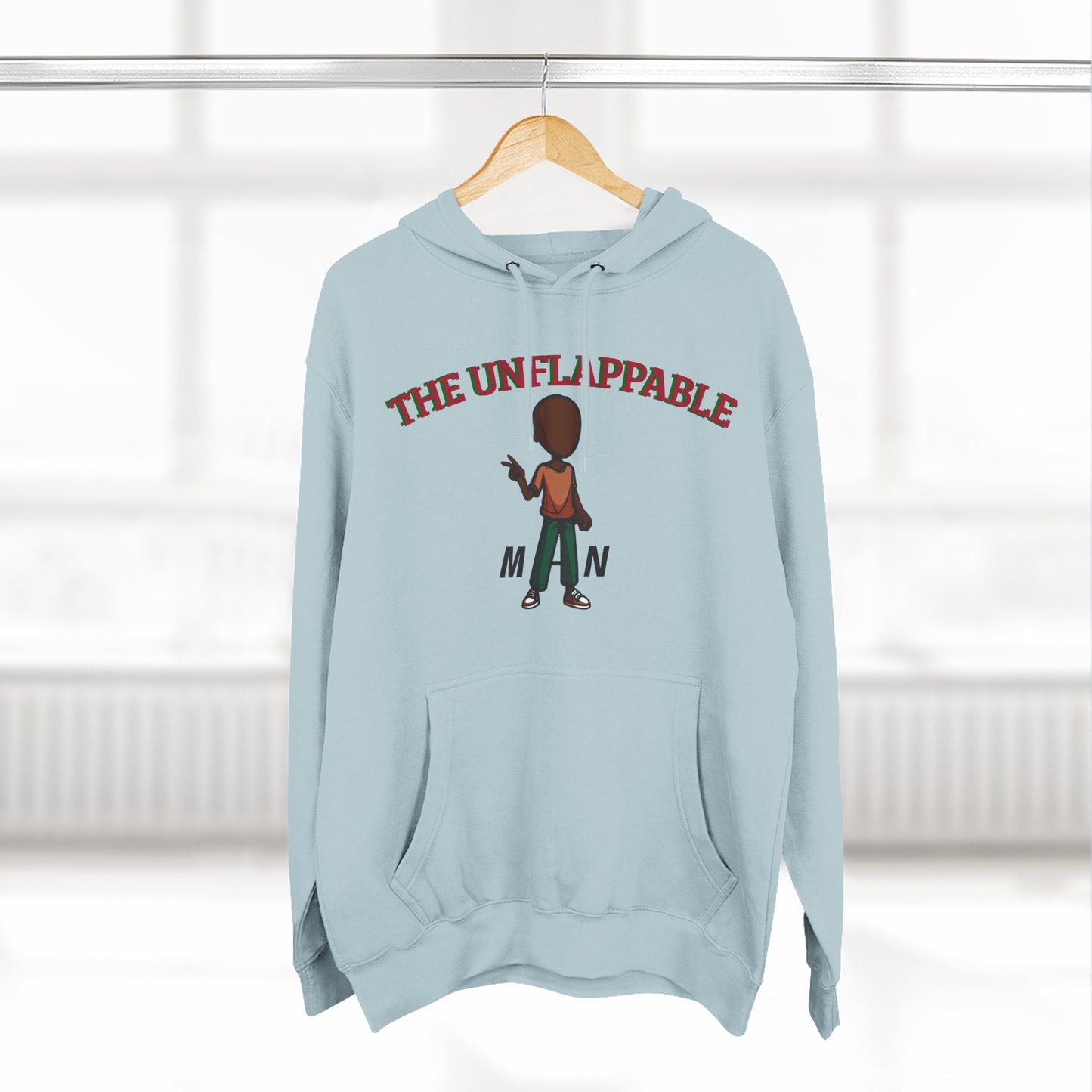 Unflappable Man Hoodie — Graphic Fleece Pullover with Cartoon Character