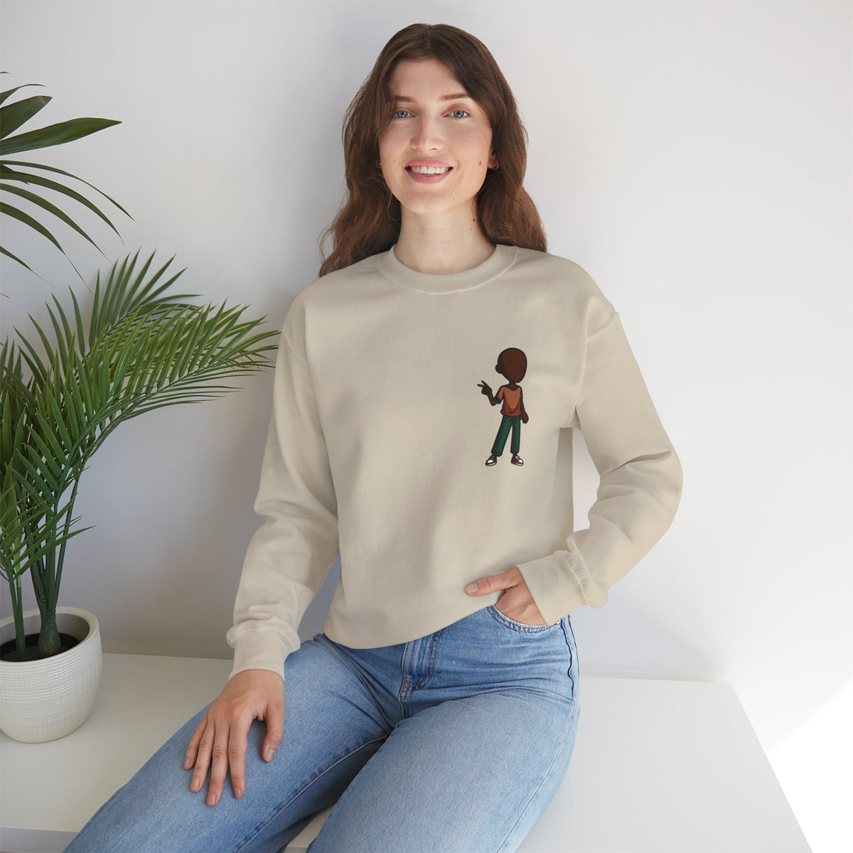 Crewneck Sweatshirt — Minimal Walking Kid Cartoon Chest Print