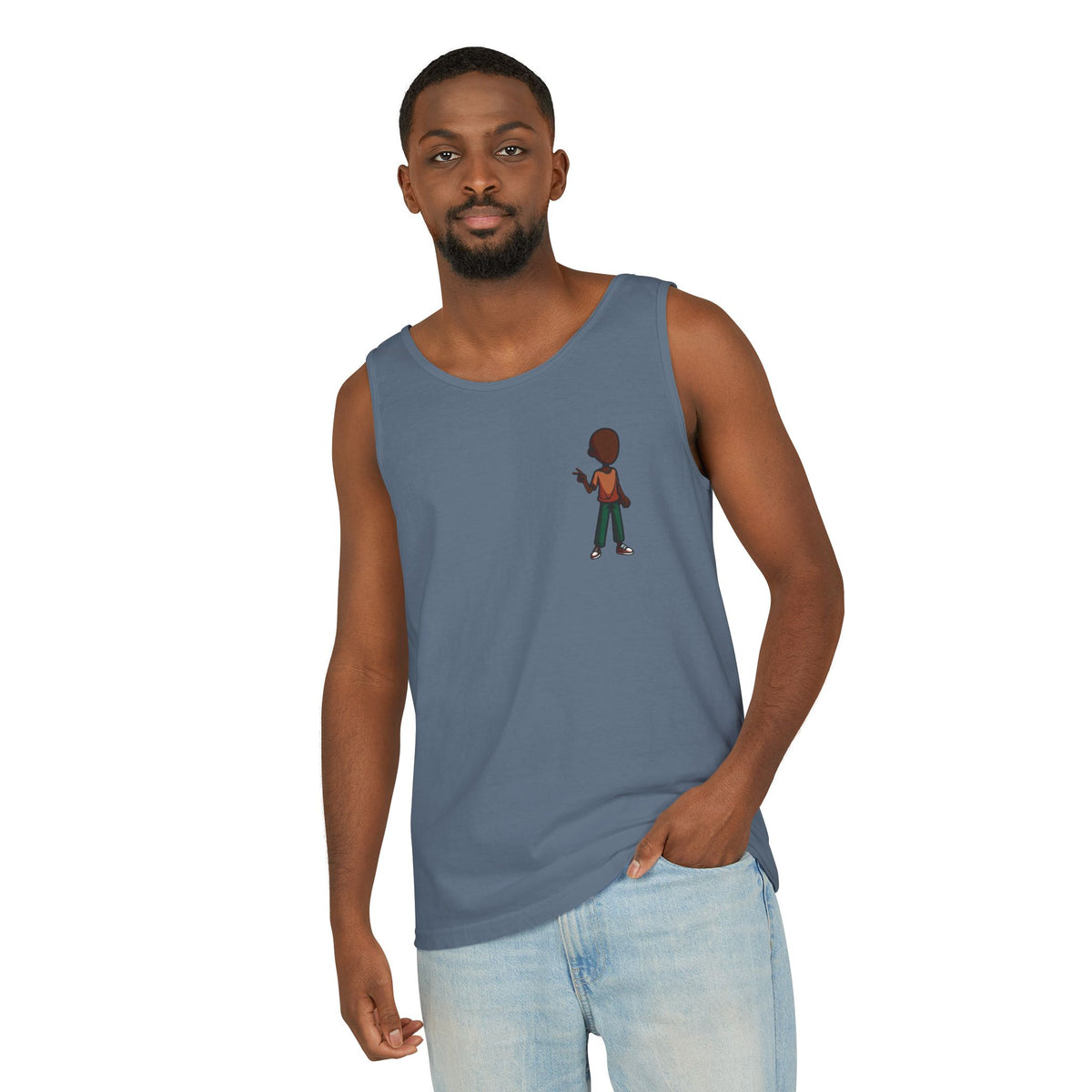 Minimalist Coffee Lover Tank — Small Cartoon Person Holding Mug Graphic Tank Top