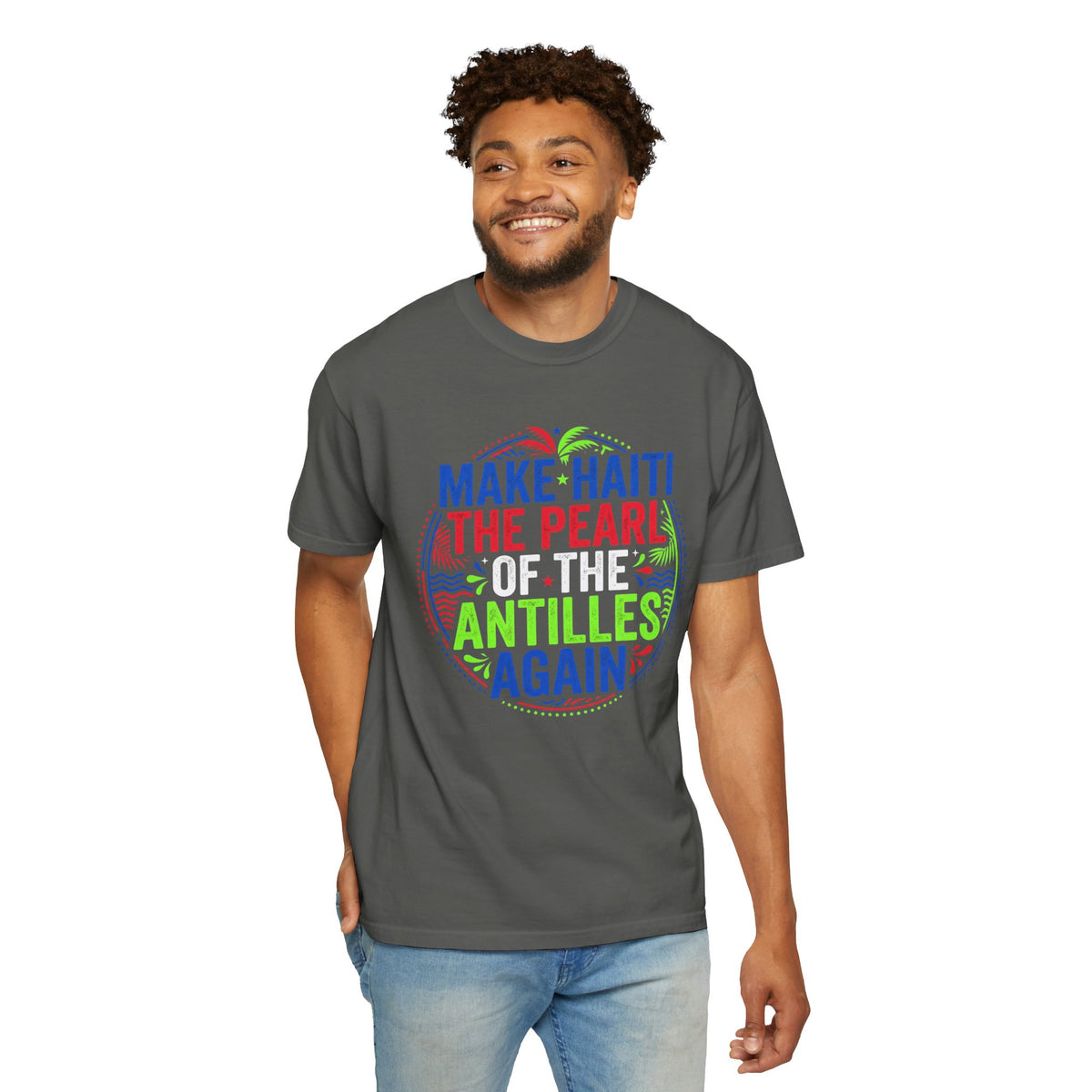 Make Haiti the Pearl — T‑Shirt (Antilles Pride, Colorful Retro Globe Design)