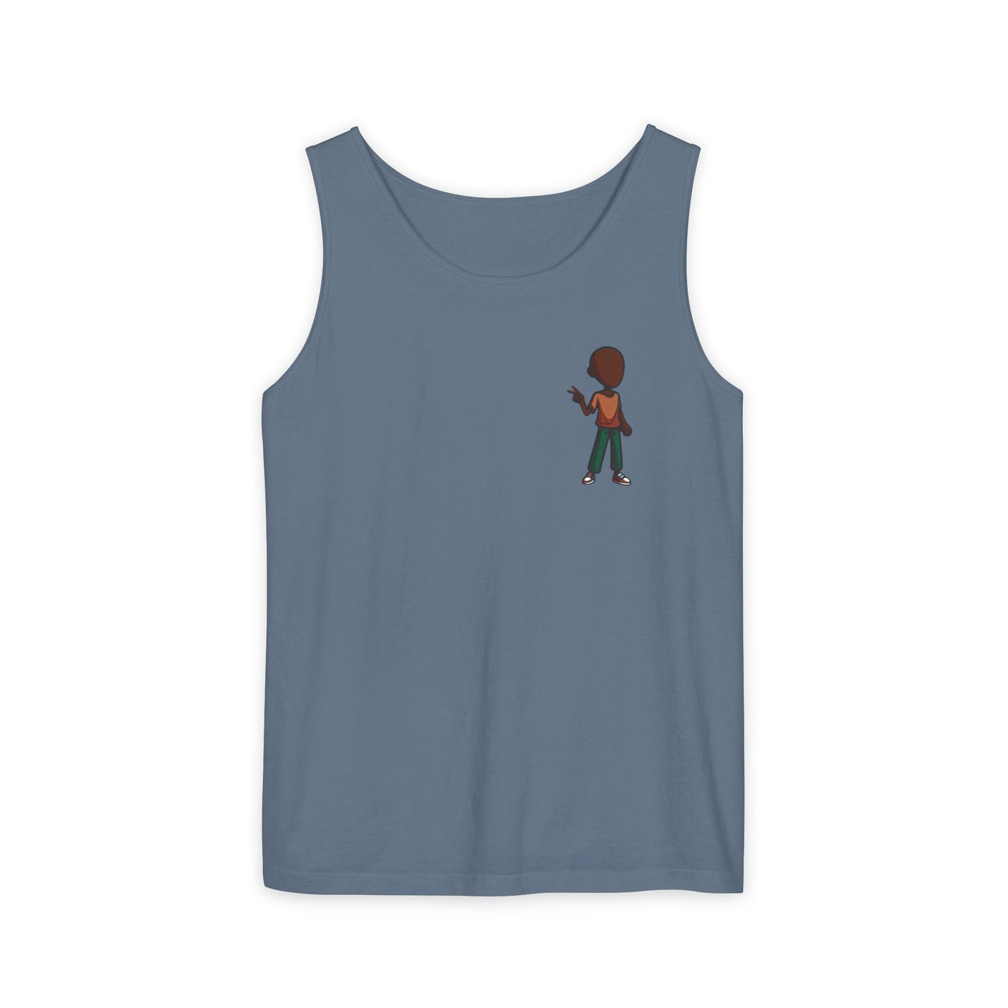 Minimalist Coffee Lover Tank — Small Cartoon Person Holding Mug Graphic Tank Top