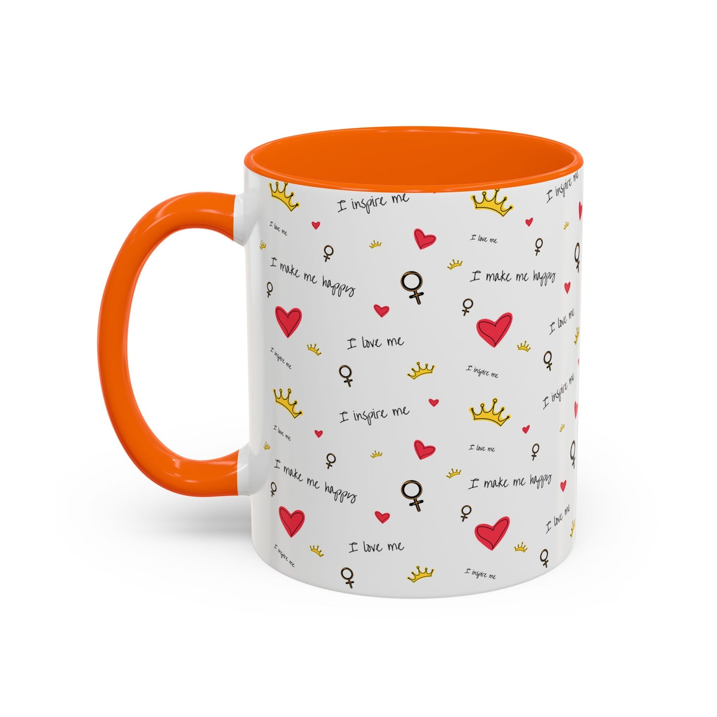 Inspirational Accent Coffee Mug - "I Love Me", Red Hearts and Crowns, Perfect Gift for Self-Care