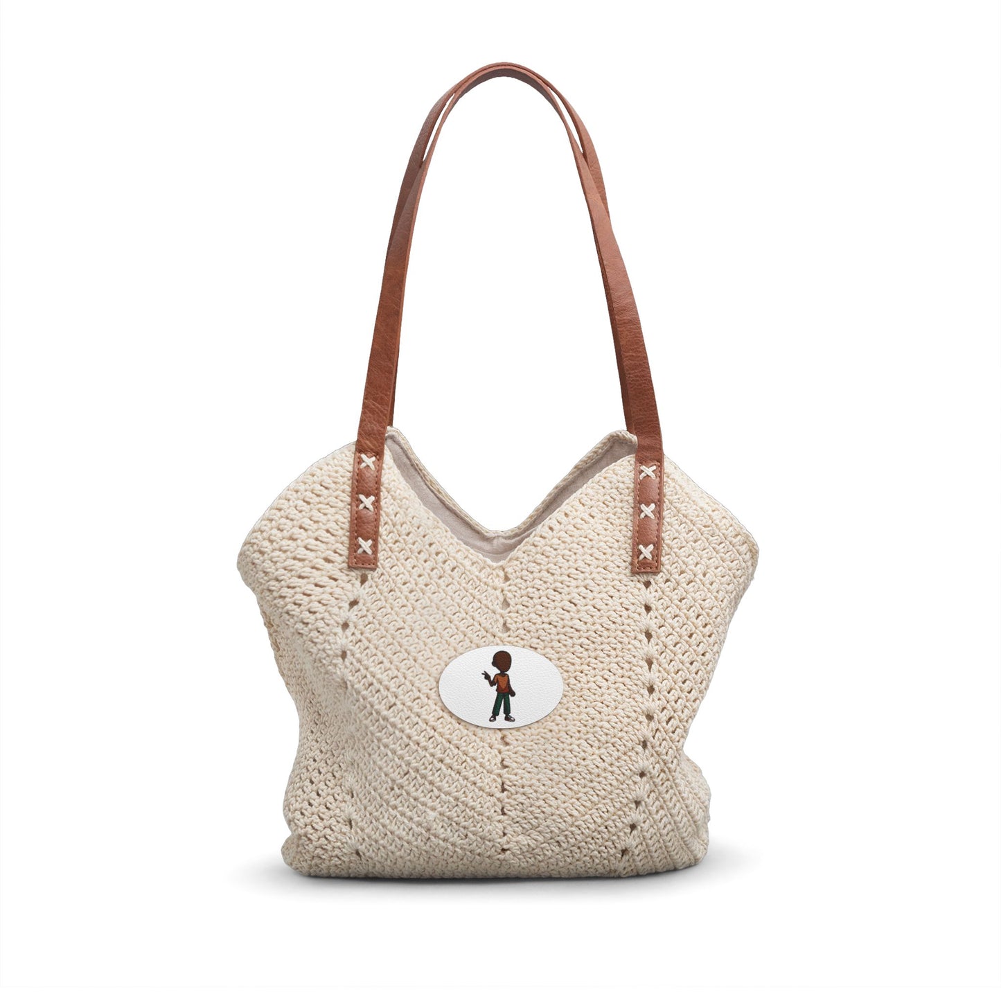 Crocheted Straw Shoulder Bag with Leather Straps — Boho Summer Tote