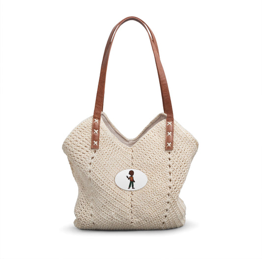 Crocheted Straw Shoulder Bag with Leather Straps — Boho Summer Tote