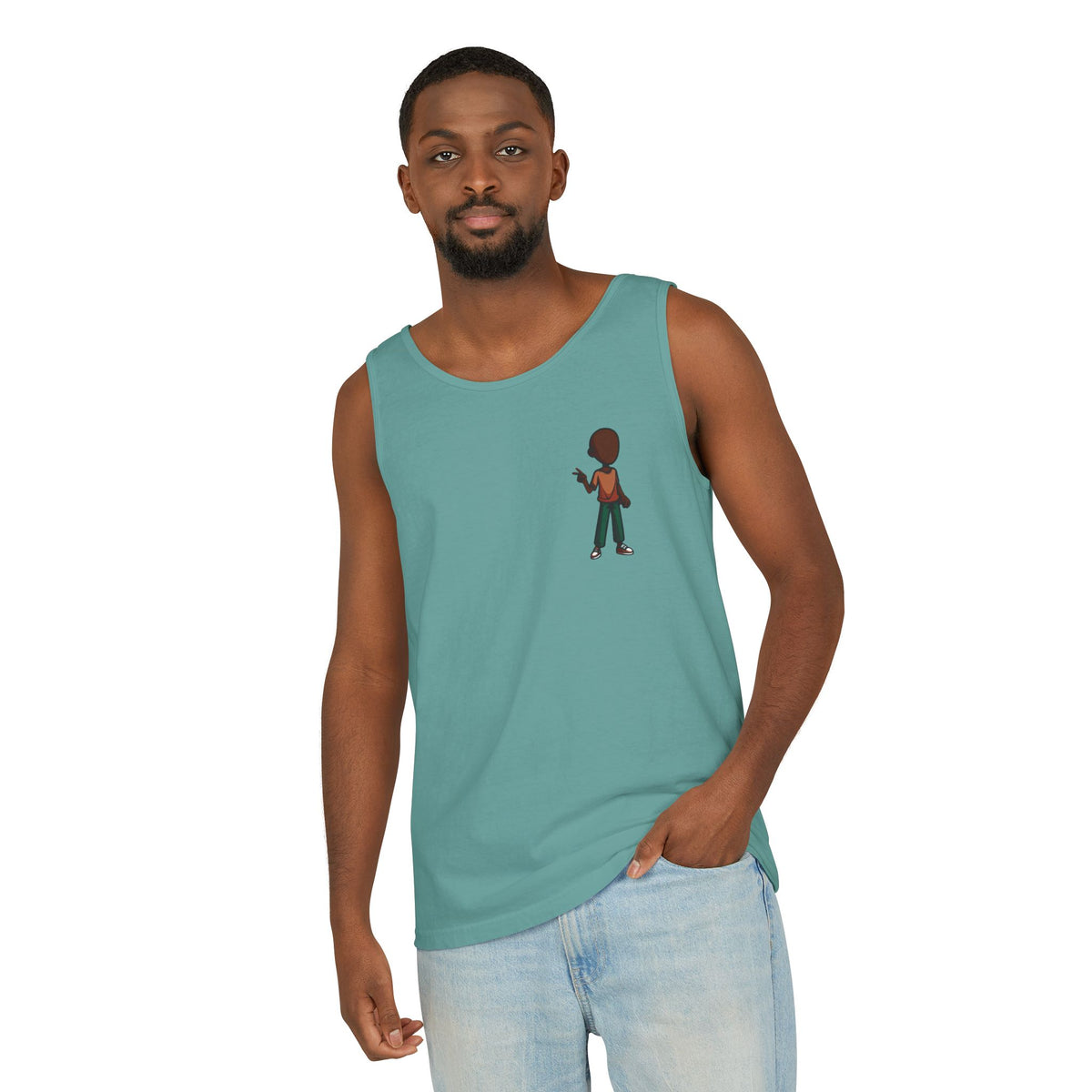 Minimalist Coffee Lover Tank — Small Cartoon Person Holding Mug Graphic Tank Top