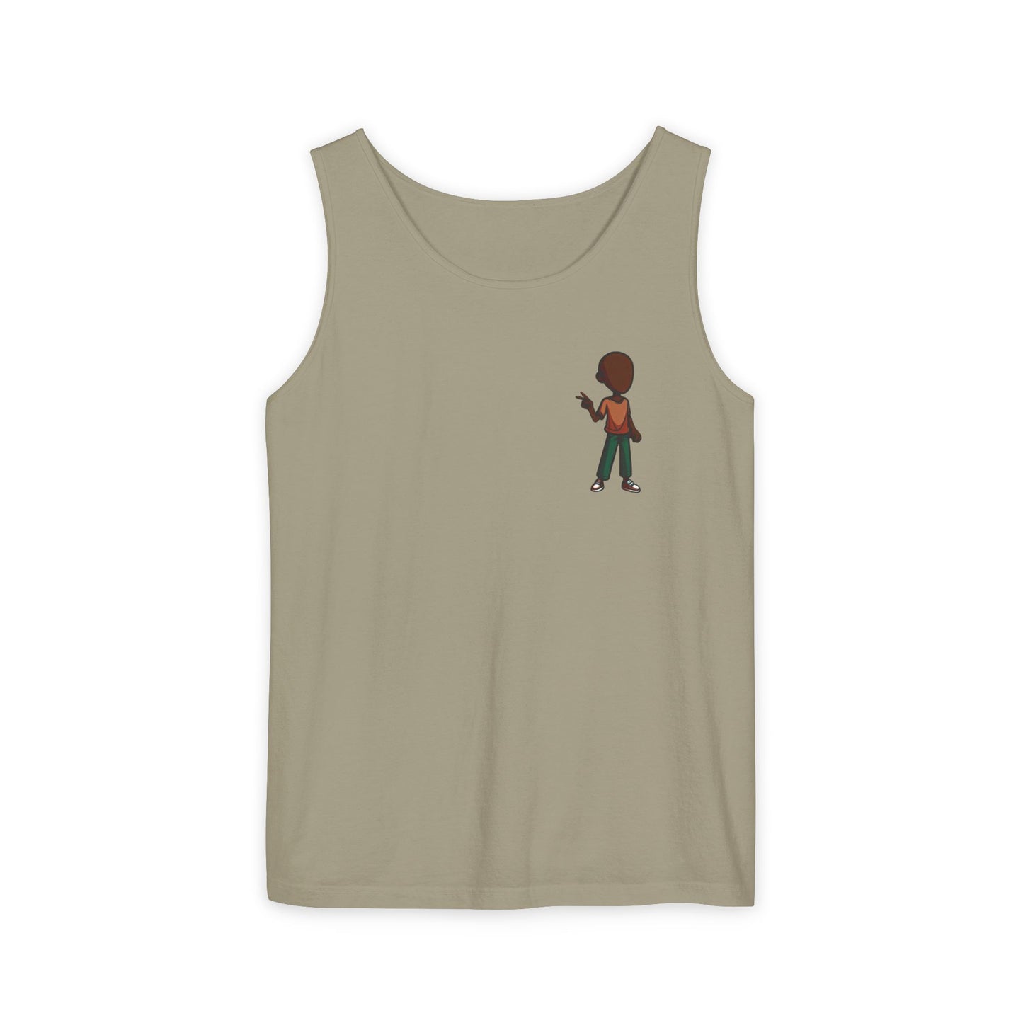 Minimalist Coffee Lover Tank — Small Cartoon Person Holding Mug Graphic Tank Top