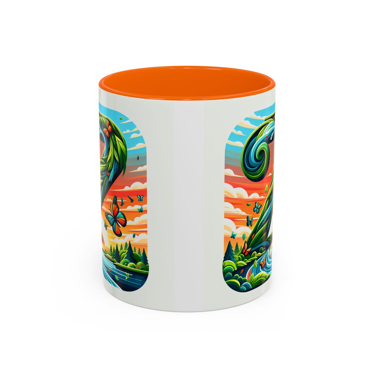 Nature-Inspired Accent Coffee Mug - Vibrant Green Design with Butterflies and Scenic View