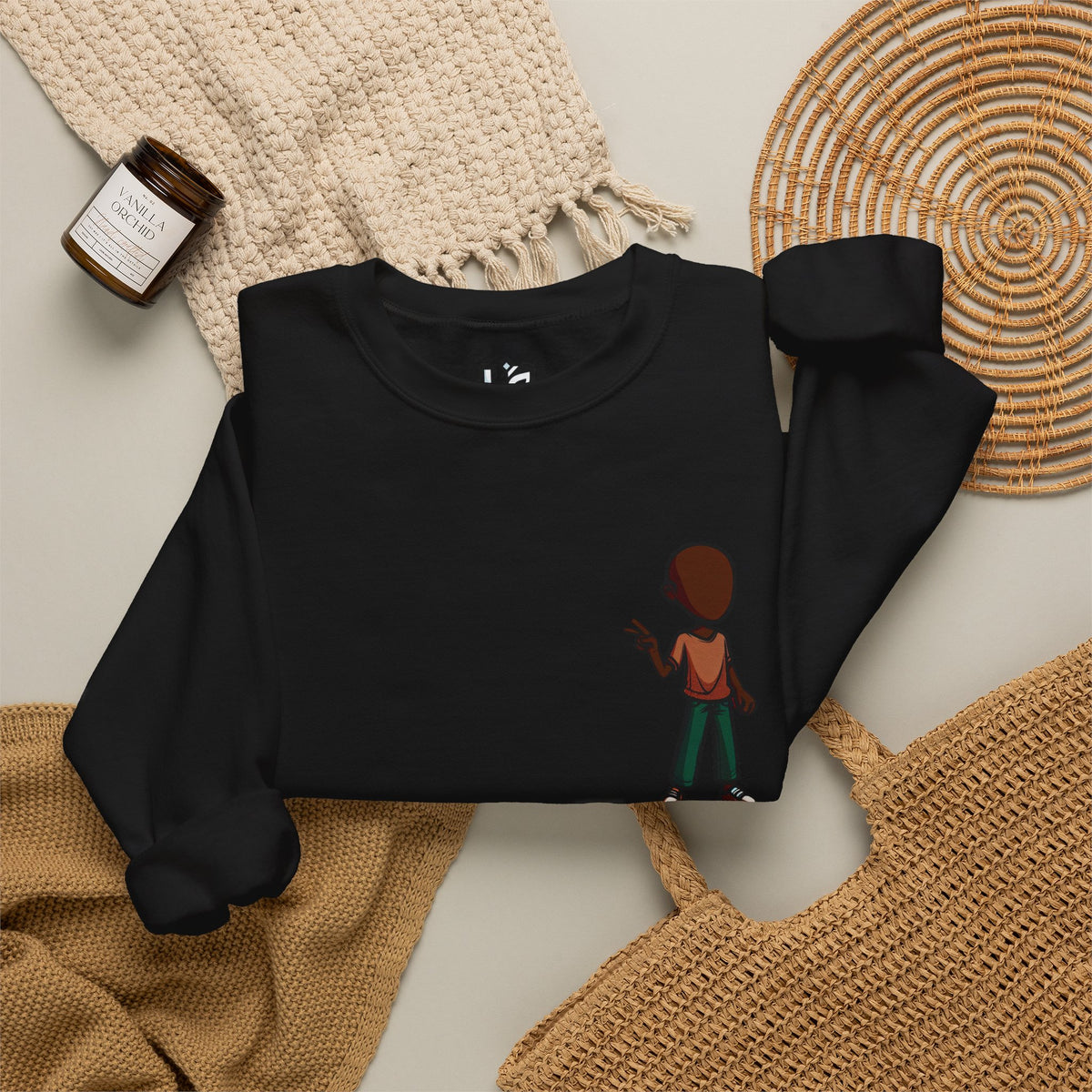 Crewneck Sweatshirt — Minimal Walking Kid Cartoon Chest Print