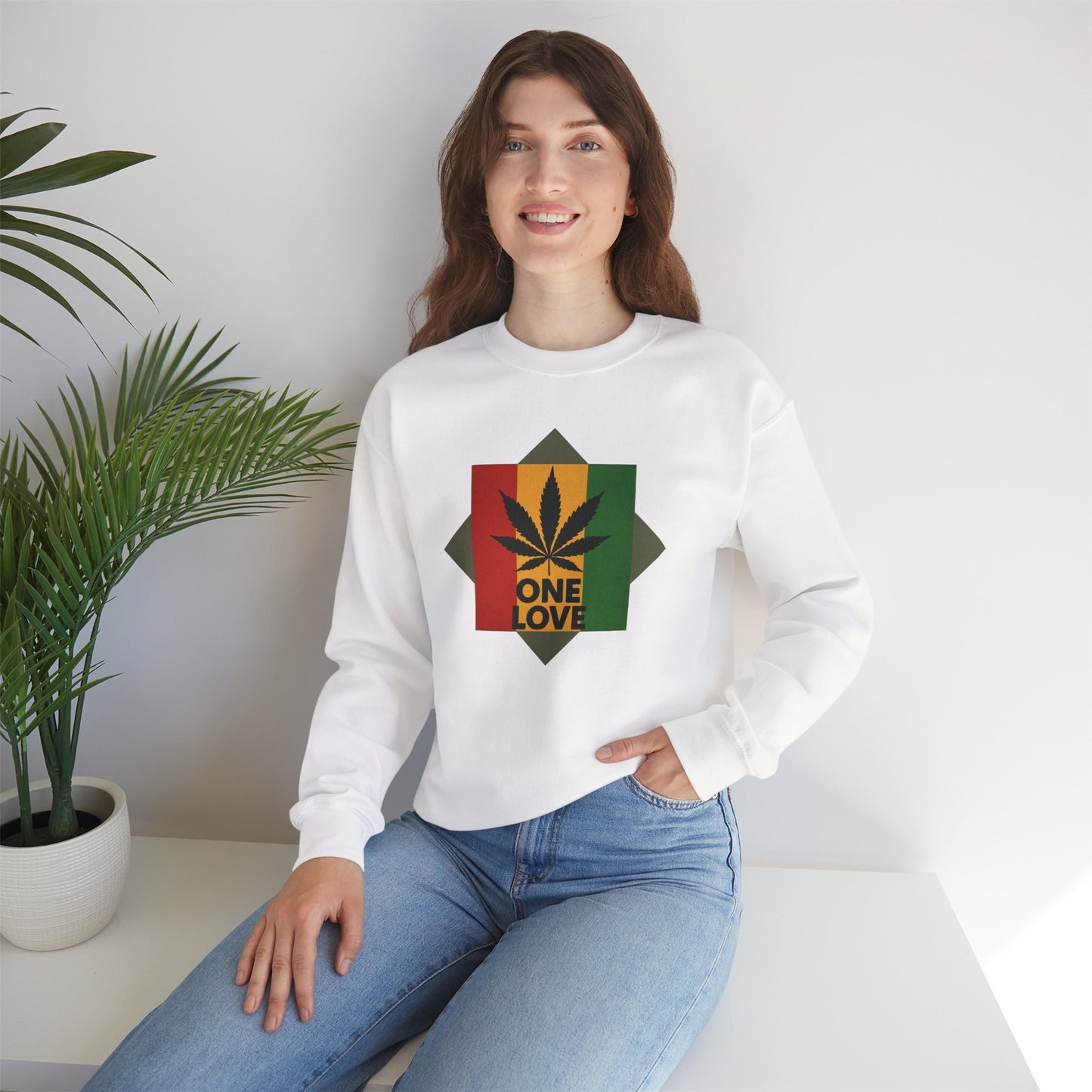 One Love Cannabis Crewneck Sweatshirt | Unisex Pullover | Cozy Streetwear, Gift for Stoners, Rasta Style Sweatshirt, Chill Vibes Apparel