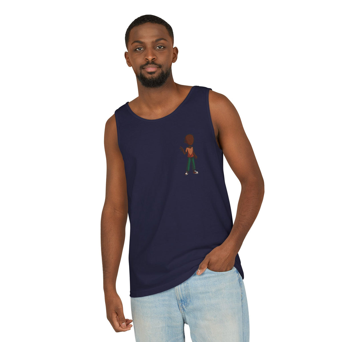 Minimalist Coffee Lover Tank — Small Cartoon Person Holding Mug Graphic Tank Top