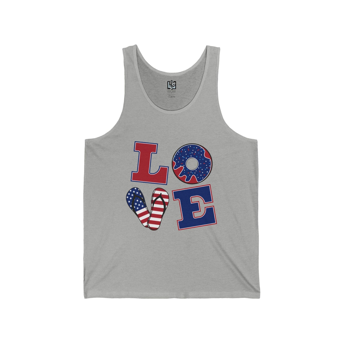 Unisex Jersey Tank - ‘LOVE’ Patriotic Design, Casual Summer Wear, 4th of July, Gifts for Him or Her, Fitness Gear, Festival Attire